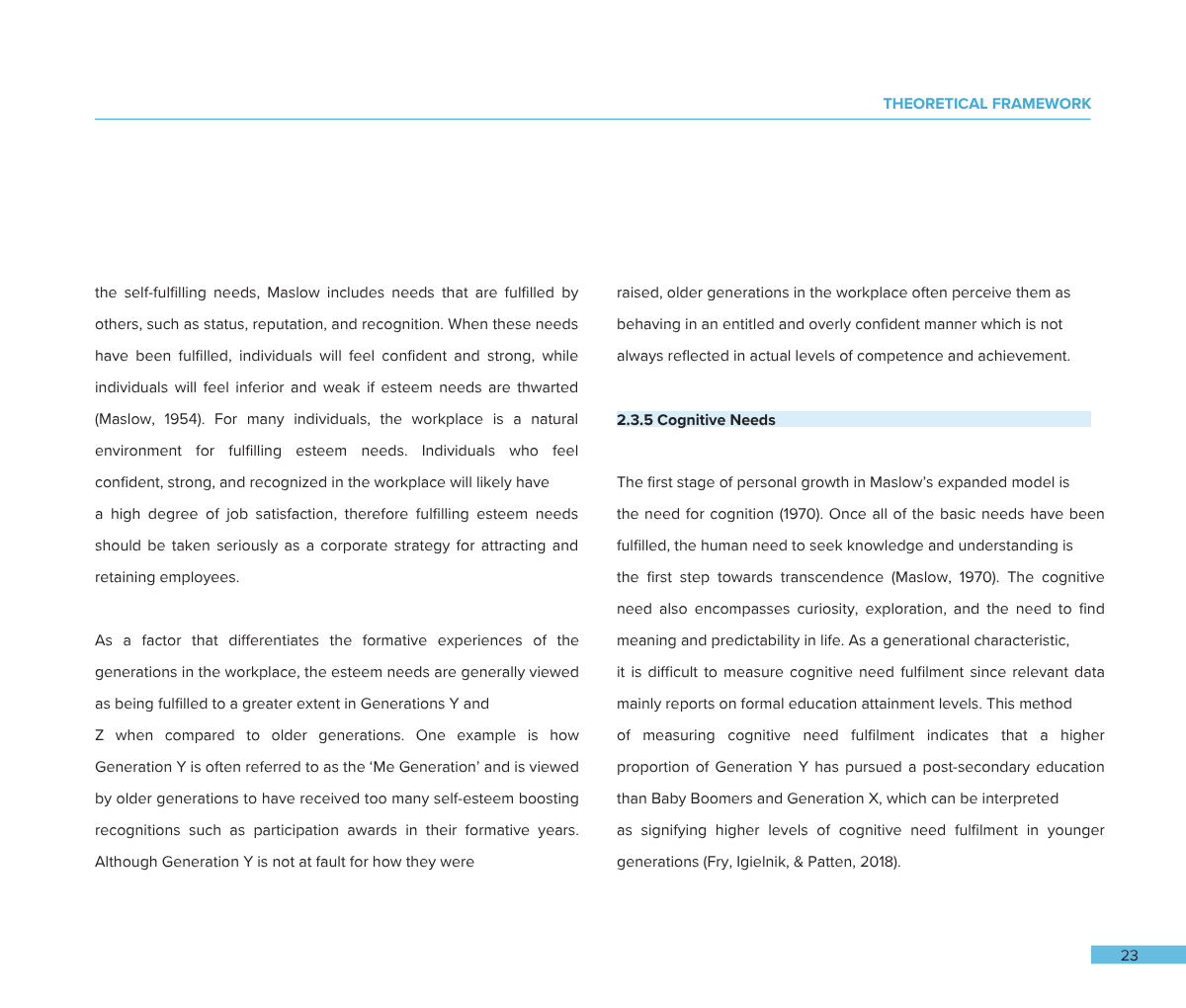 Page from a document or book discussing Maslow's theory, including sections on self-fulfilling needs, esteem needs, and cognitive needs, with text formatted in columns and a page number 23 at the bottom.