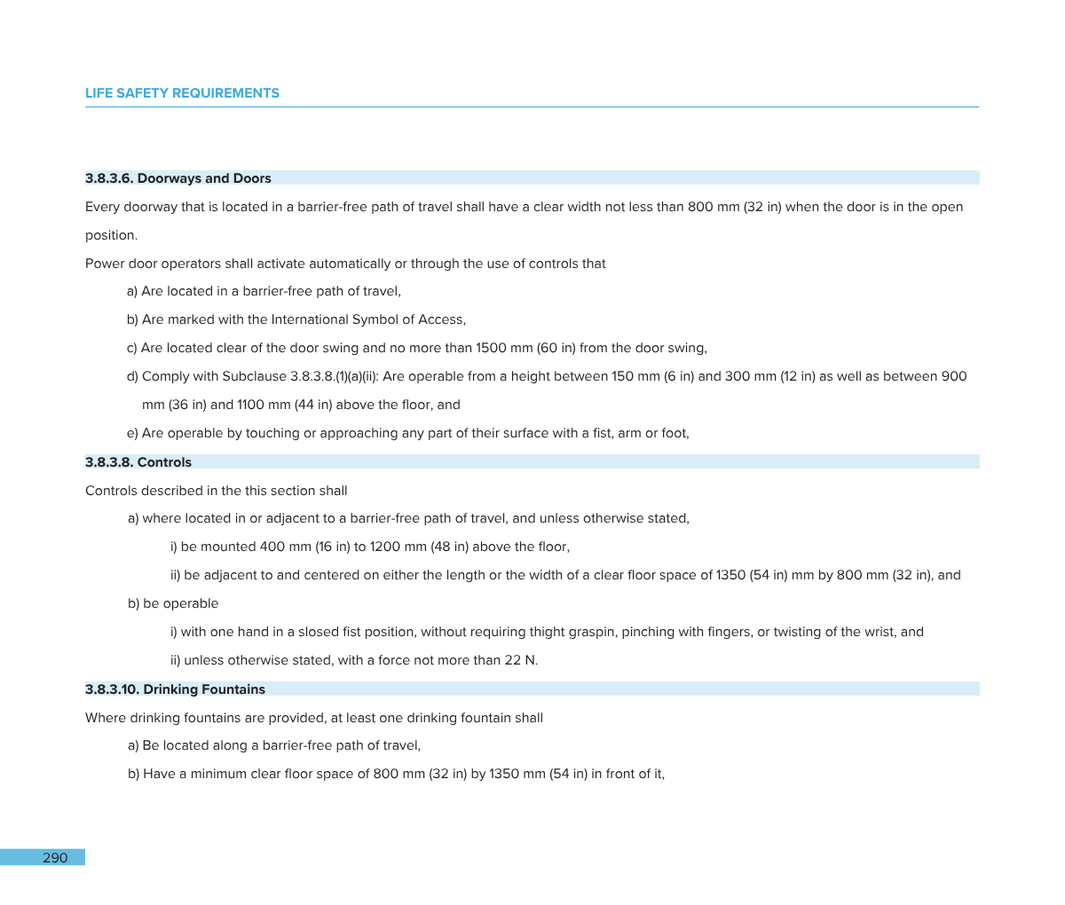 Screenshot of a document page with blue headings, detailing life safety requirements for doors, controls, and drinking fountains.