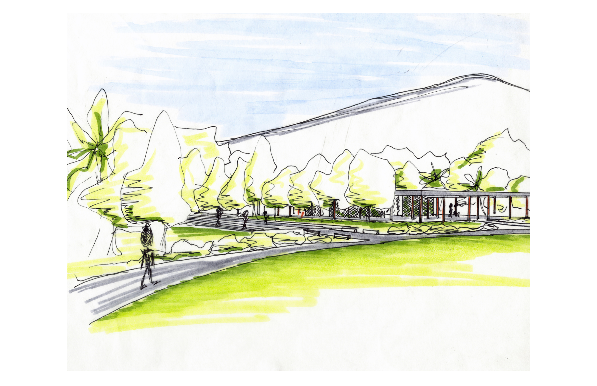A hand-drawn sketch of a park scene with trees, a walking path, a grassy area, and a building in the background, with a mountain in the distance and a partly cloudy sky.