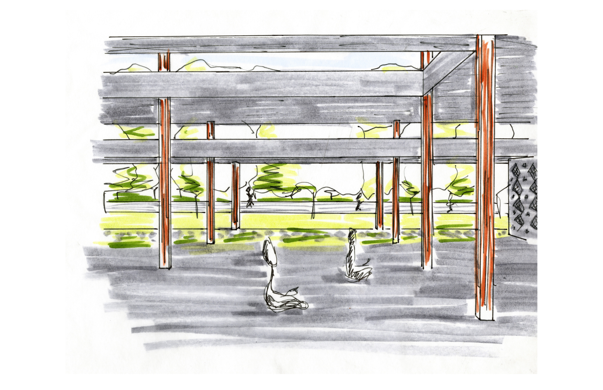 A watercolor sketch of a playground with horizontal swings, children playing, and green trees in the background.