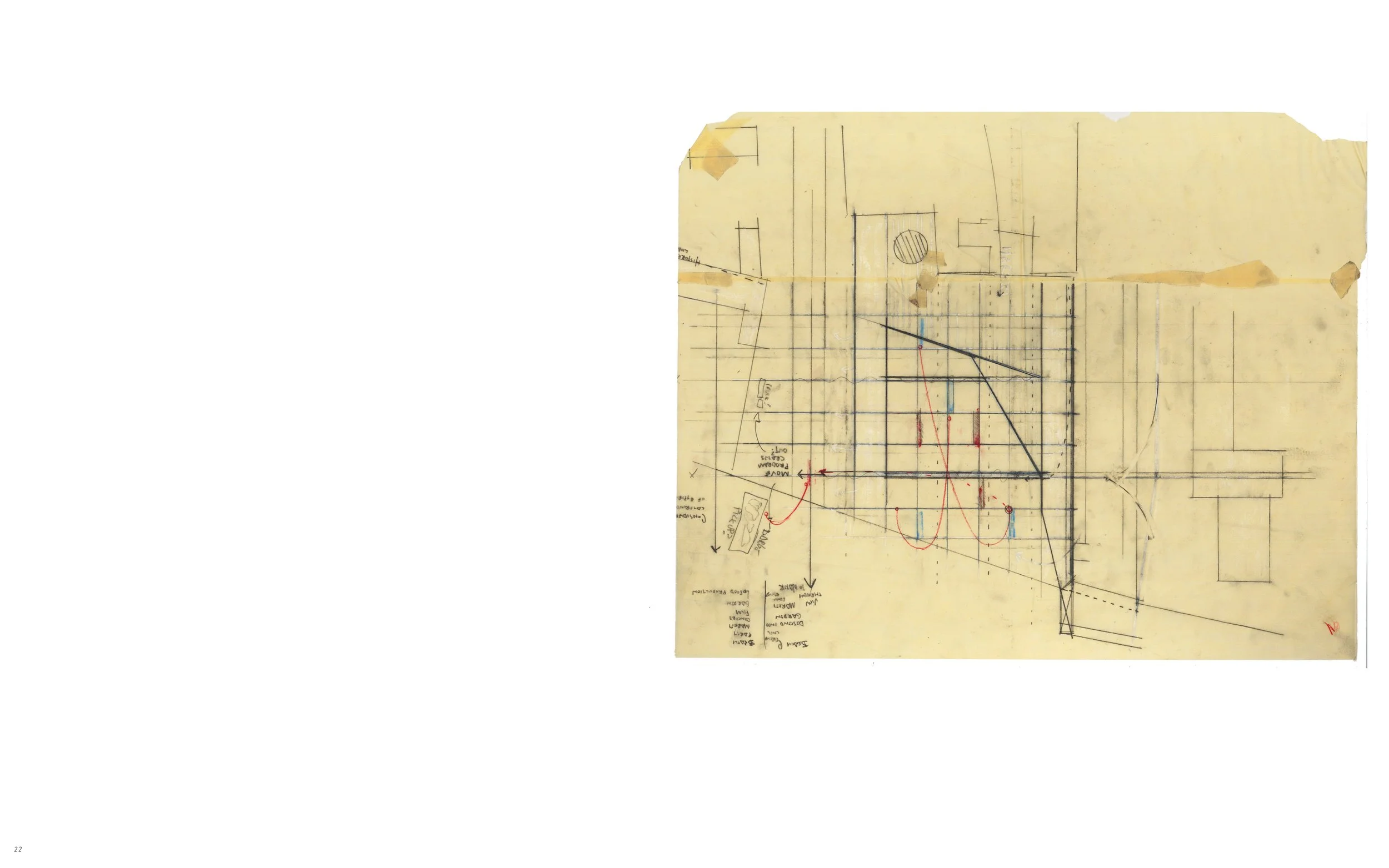 A hand-drawn architectural blueprint on yellowed paper shows building plans with various annotations, lines, and measurements.