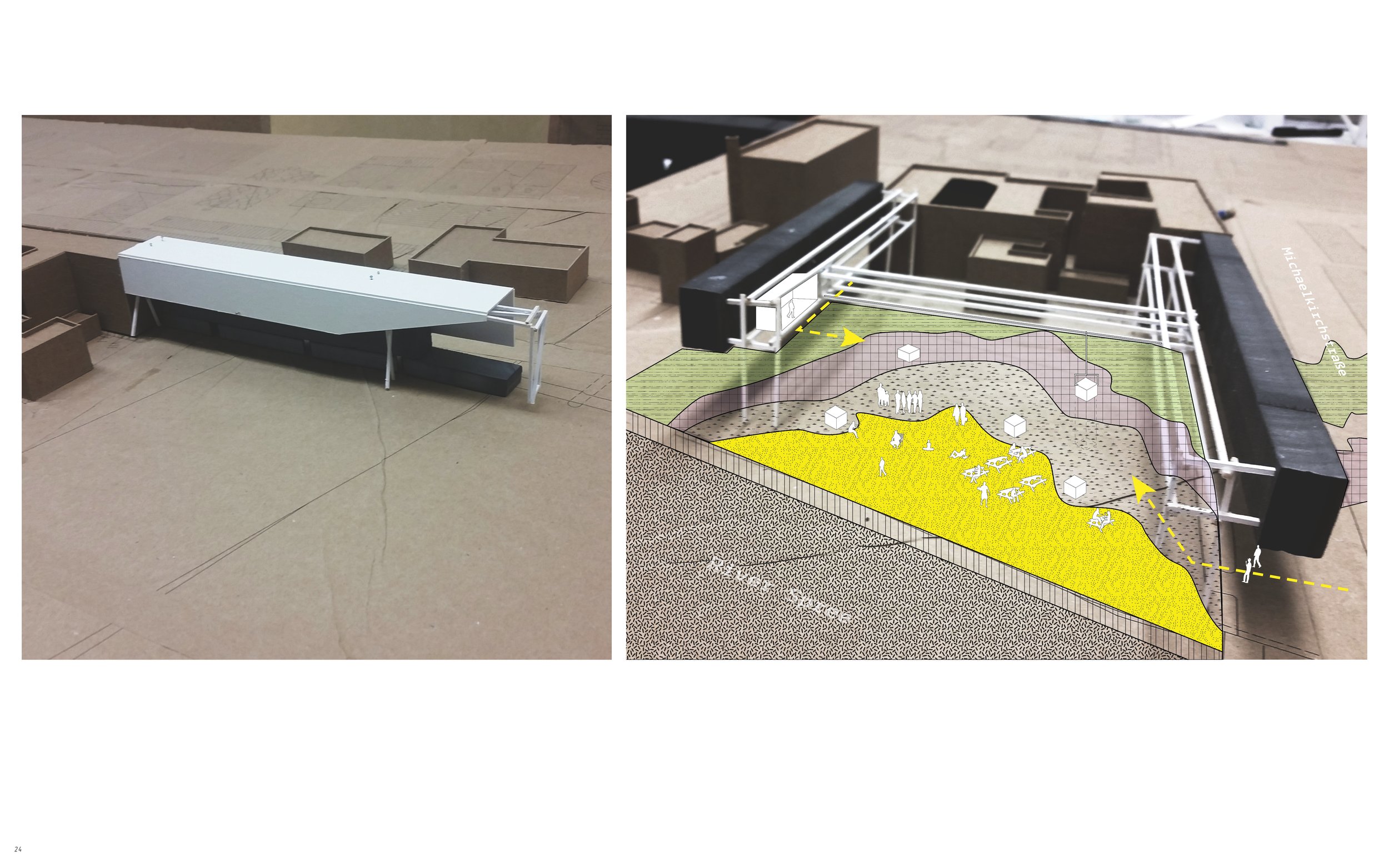 A scale model of a building and landscape with architectural drawings and plans on paper.