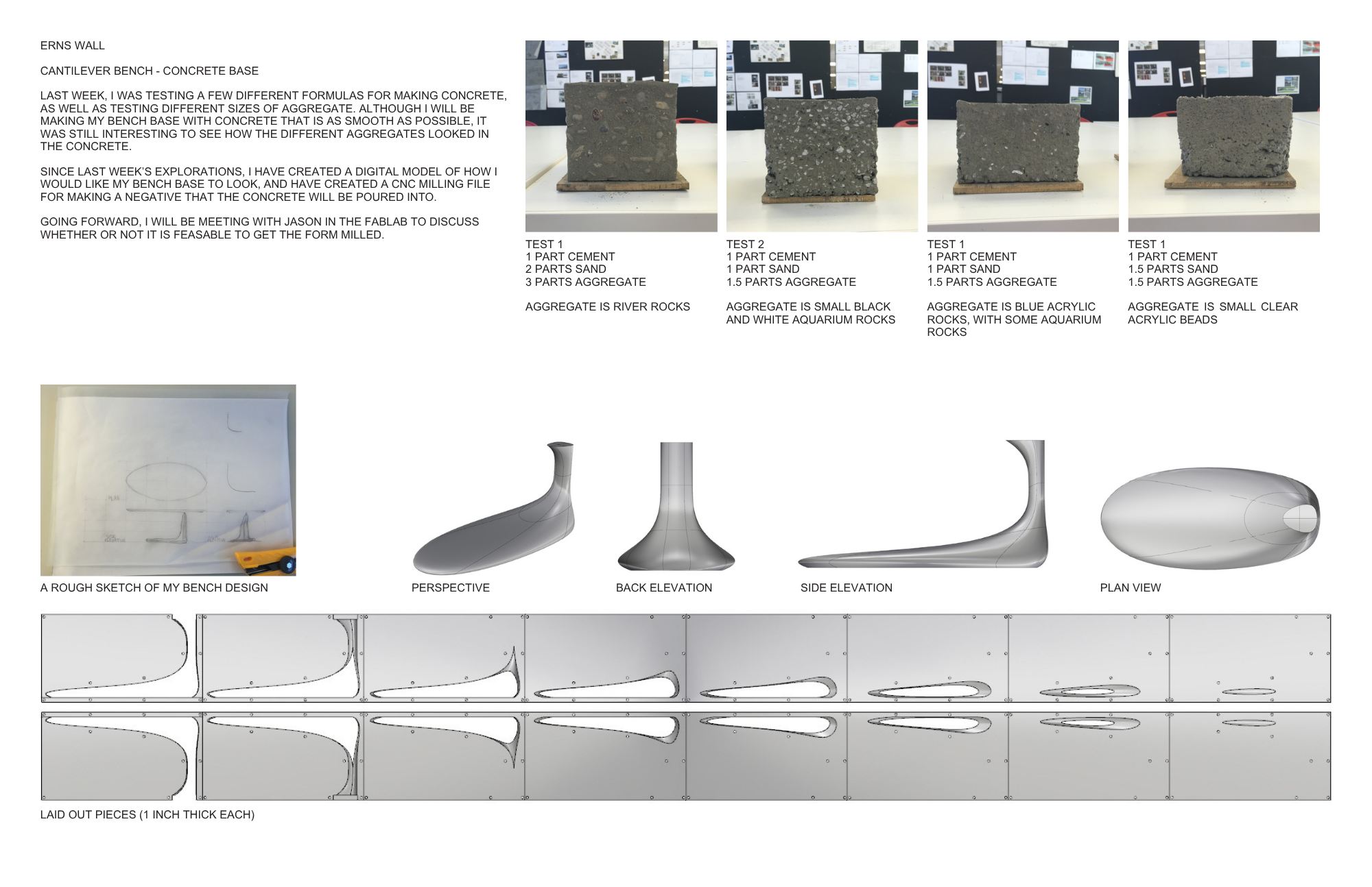 A presentation display showing different concrete tests and a digital model of a bench design. The top right section has four images of concrete blocks with detailed descriptions of their mixture ratios and textures. The lower section shows sketches 
