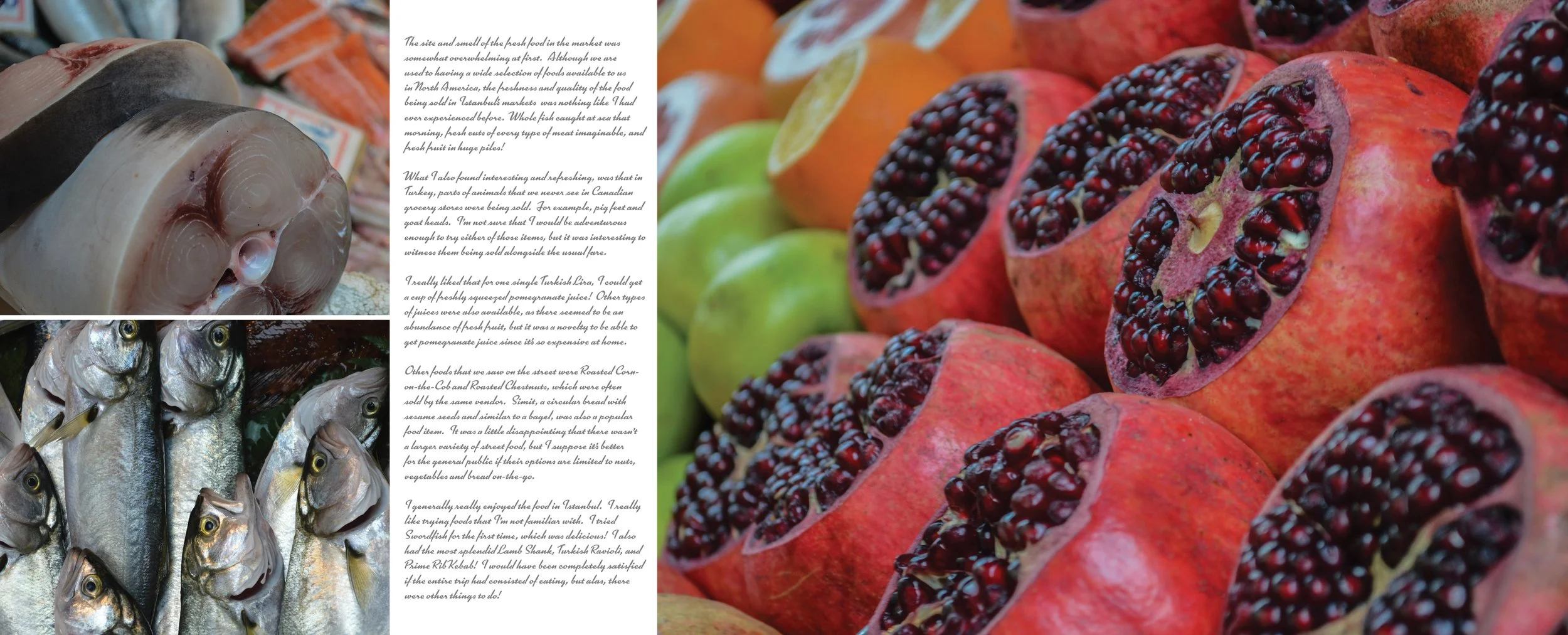A collage of market food items including fish, pomegranate halves, and canned fish, with text in the middle describing the market experience.