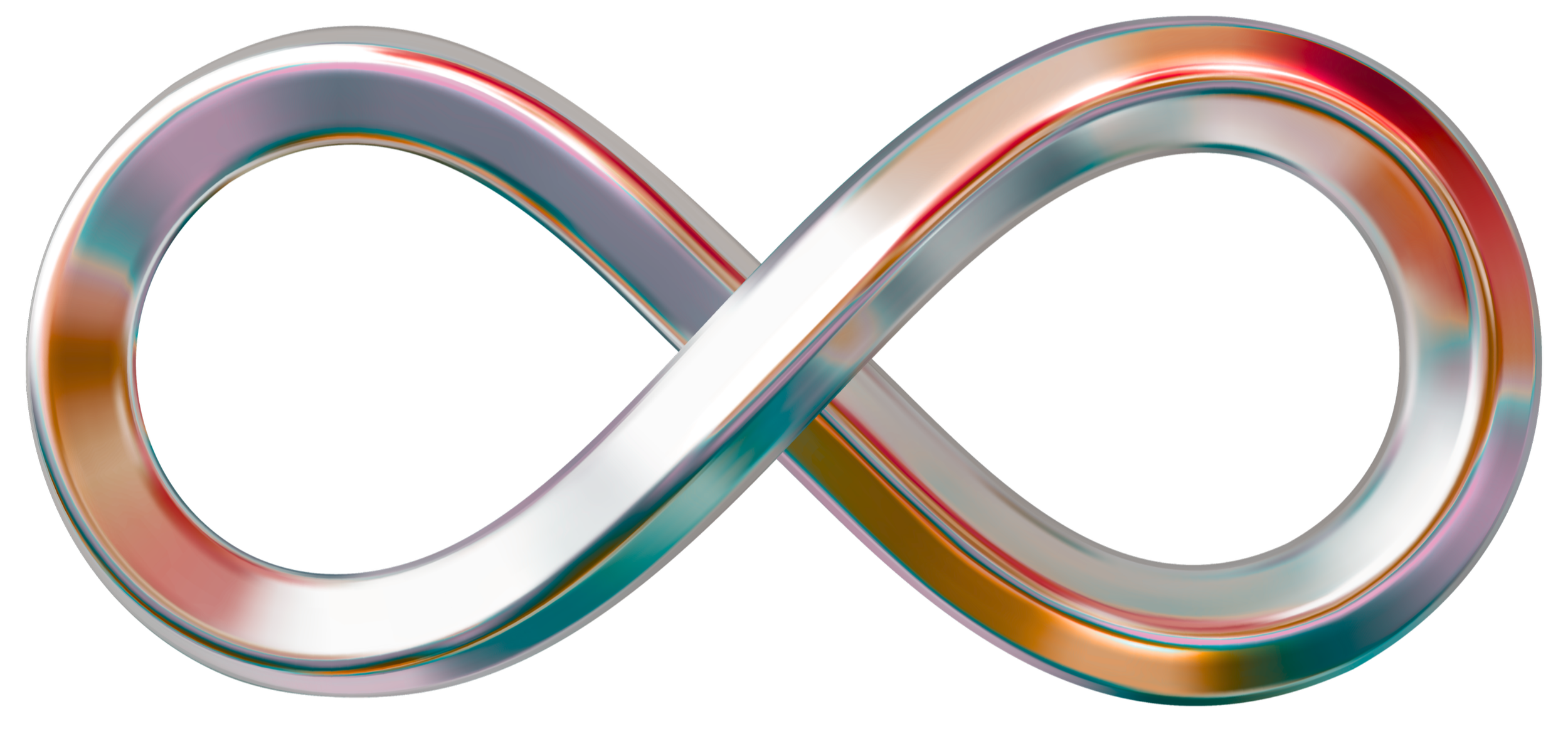 Colorful metallic infinity symbol against a black background.