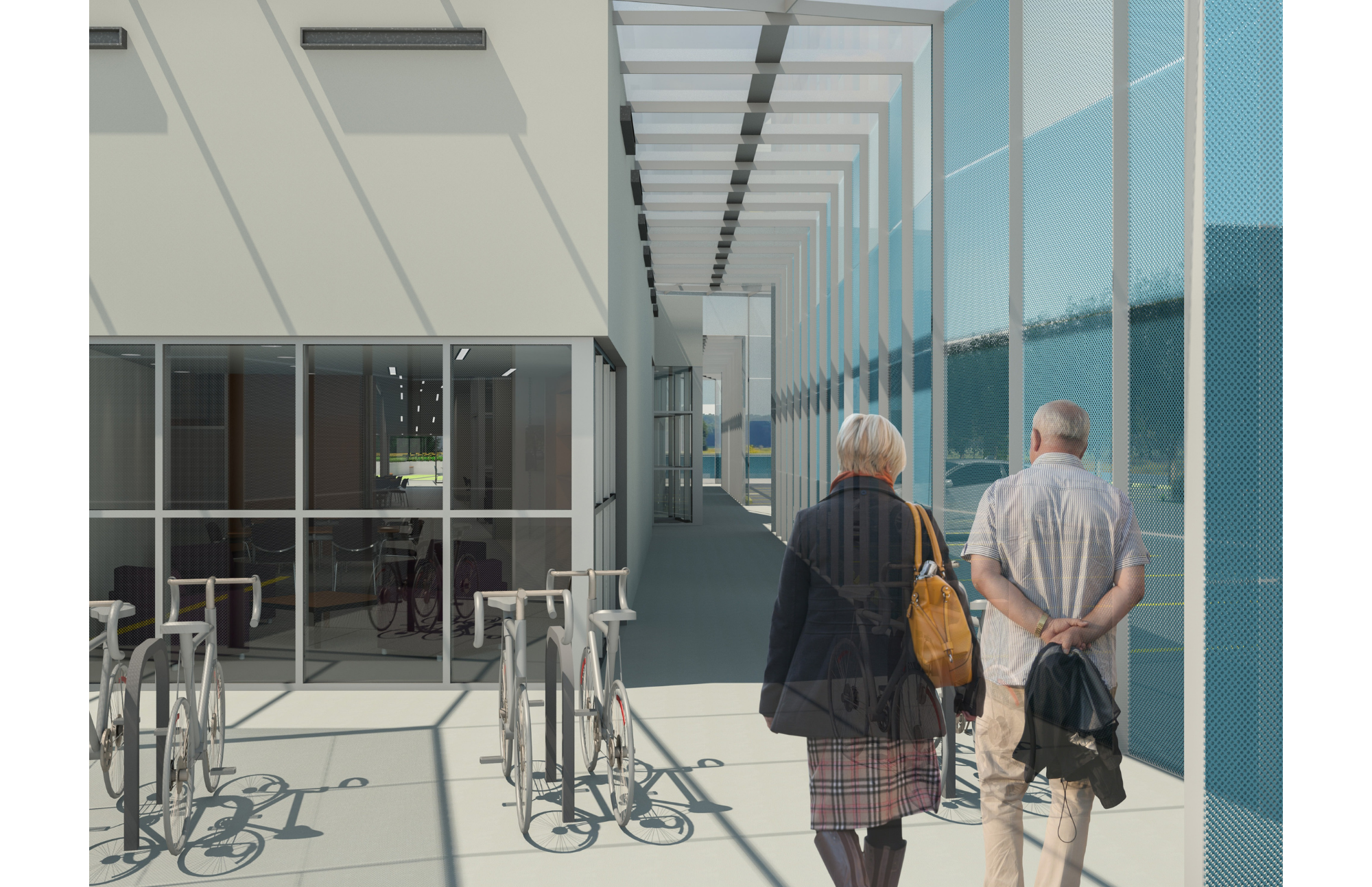 An abstract architectural rendering of a modern building with large glass windows, a spacious corridor, and a row of parked wheelchairs outside. Two elderly individuals walk along the corridor, one woman in a plaid skirt and jacket, and one man in a 