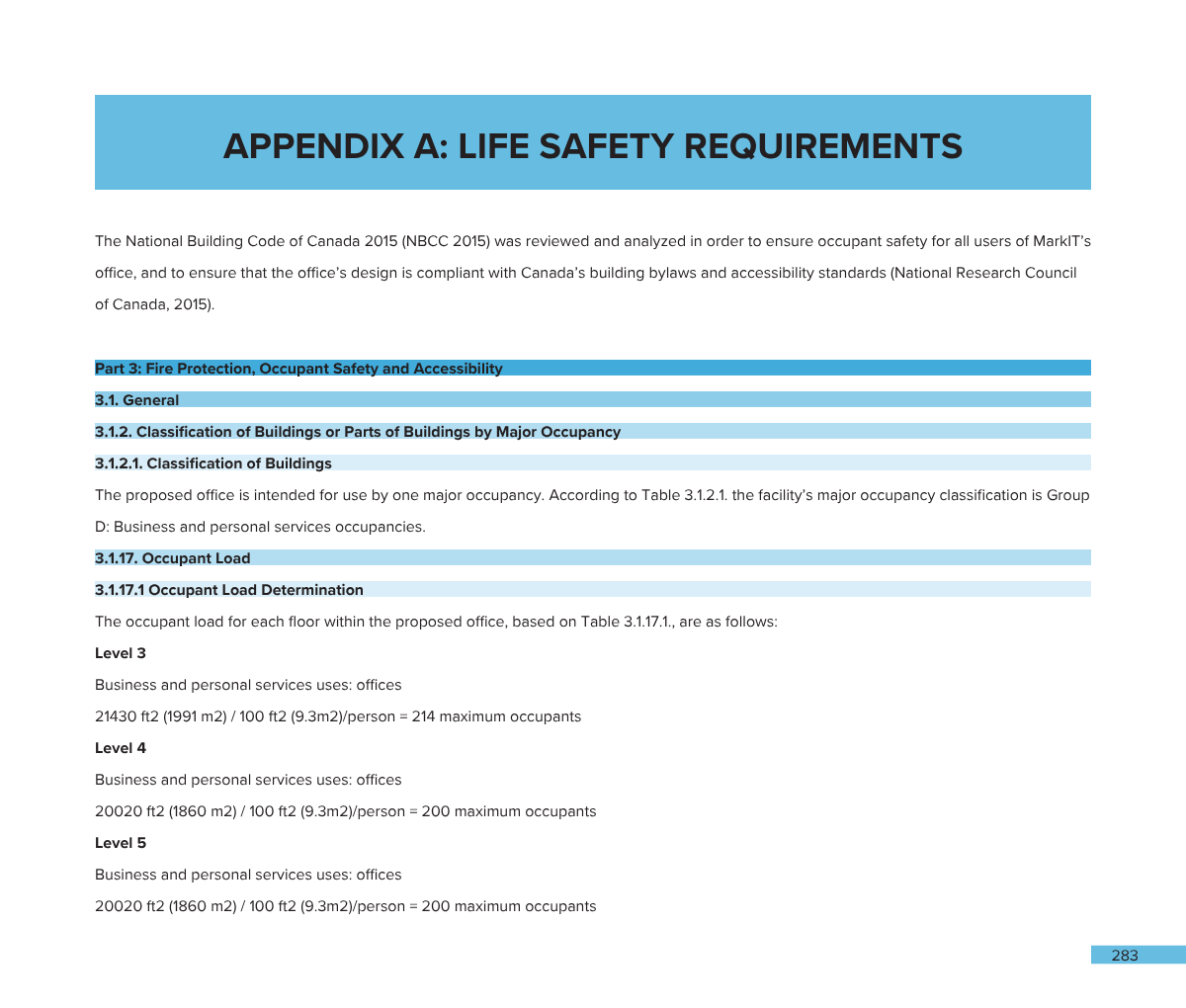 Excerpt from a document titled 'Appendix A: Life Safety Requirements' focusing on fire protection, occupant safety, and accessibility guidelines for office buildings, including classifications of occupancy and maximum capacity based on floor area.