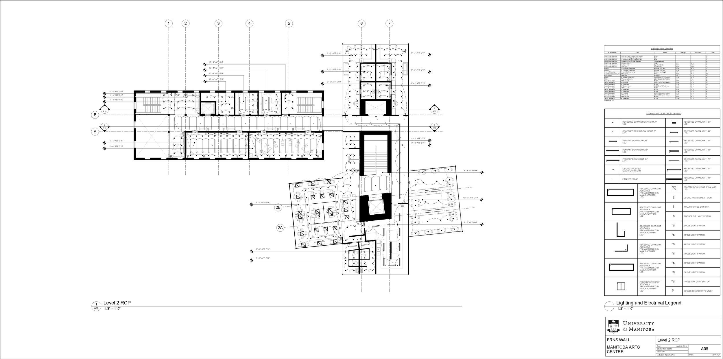 Architectural blueprint of a building floor plan with lighting and electrical legend, showing detailed room layouts, staircases, and outdoor areas.