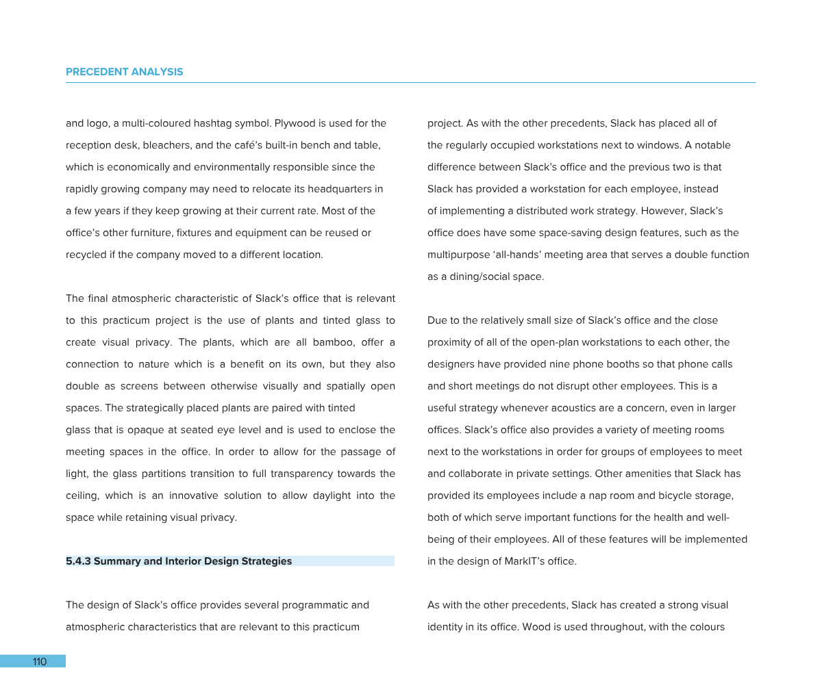 A two-page open document or report with text, headings, and footer. The pages contain paragraphs discussing office design, workspace strategies, and environmental considerations, with headings in blue and black text on a white background.