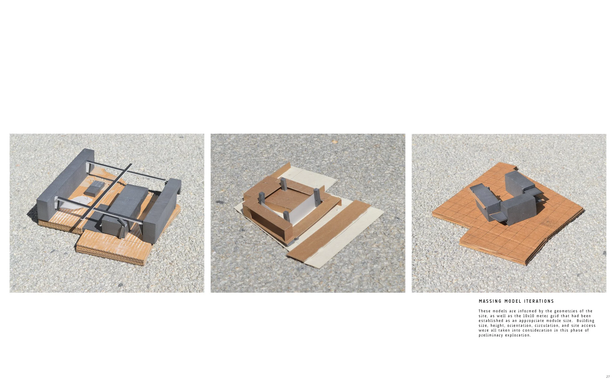 Three architectural model iterations placed on cardboard and grid paper, showing different configurations of building structures.