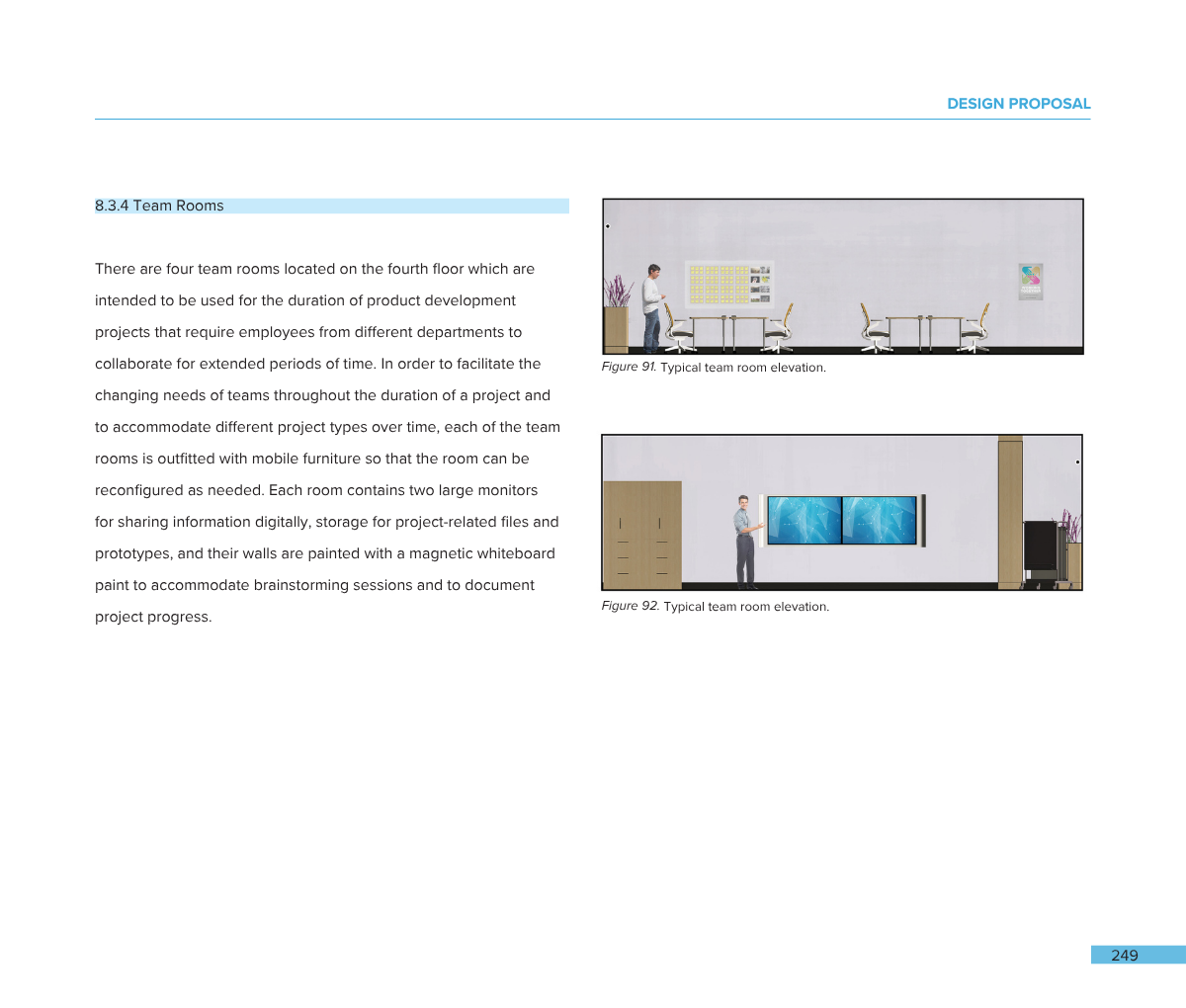Two illustrations of typical team room elevation, showing furniture, monitors, and design elements in an office space.