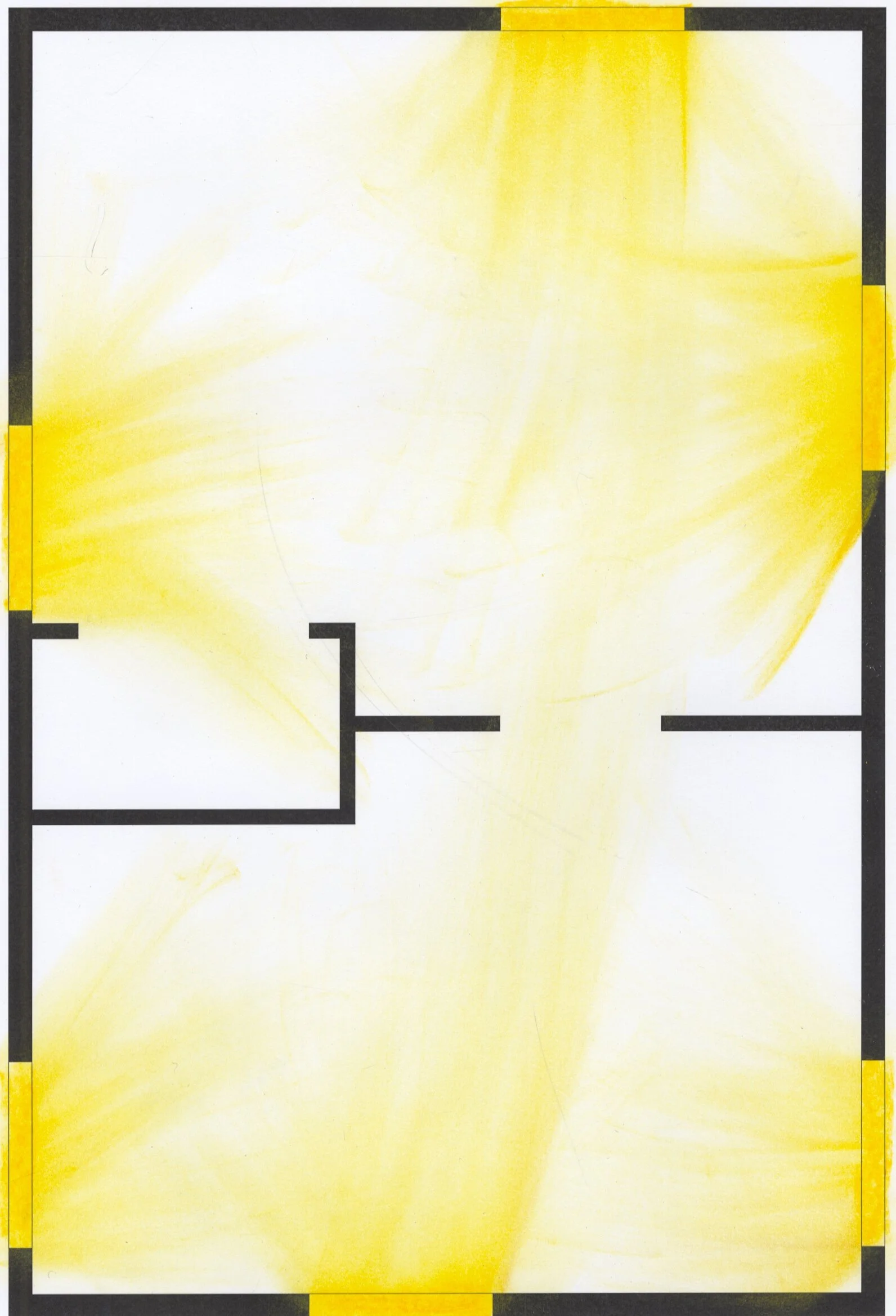 A floor plan layout with black walls and yellow accents, with abstract yellow and white shading in the background.