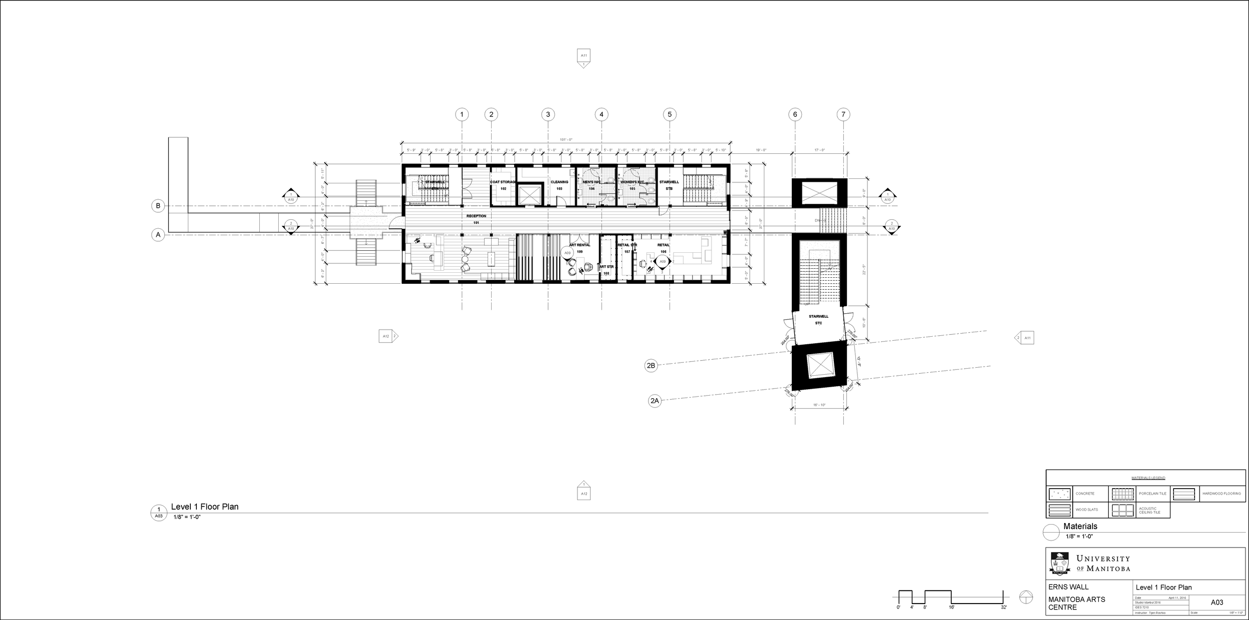 Architectural floor plan of a building with labeled rooms including reception, art rental, storage, laundry, cleaning, and stairwells, with detailed measurements and materials legend.
