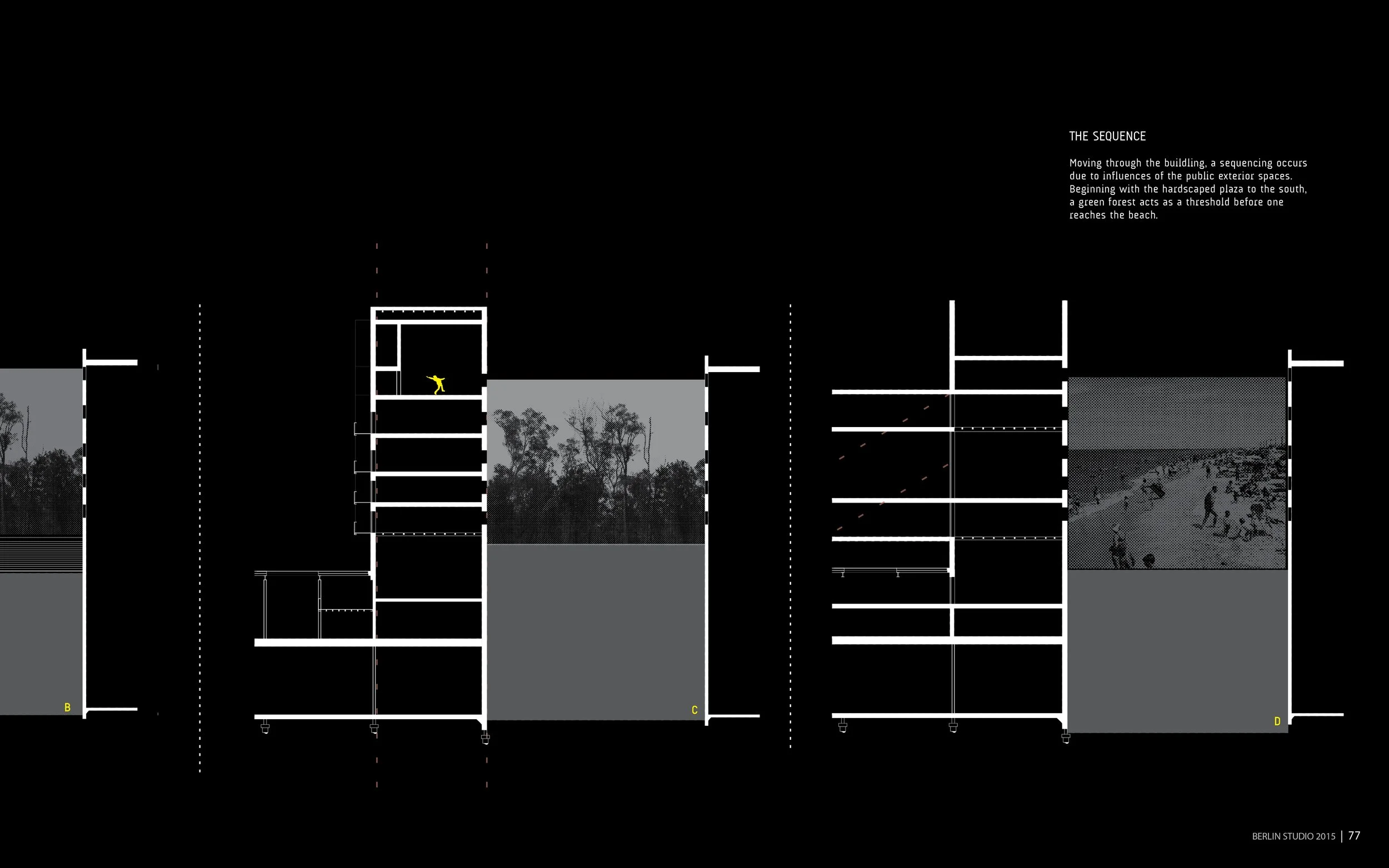 Architectural blueprint showing building sections, including interior spaces, trees, and structural details. Includes text describing the sequence of building development.