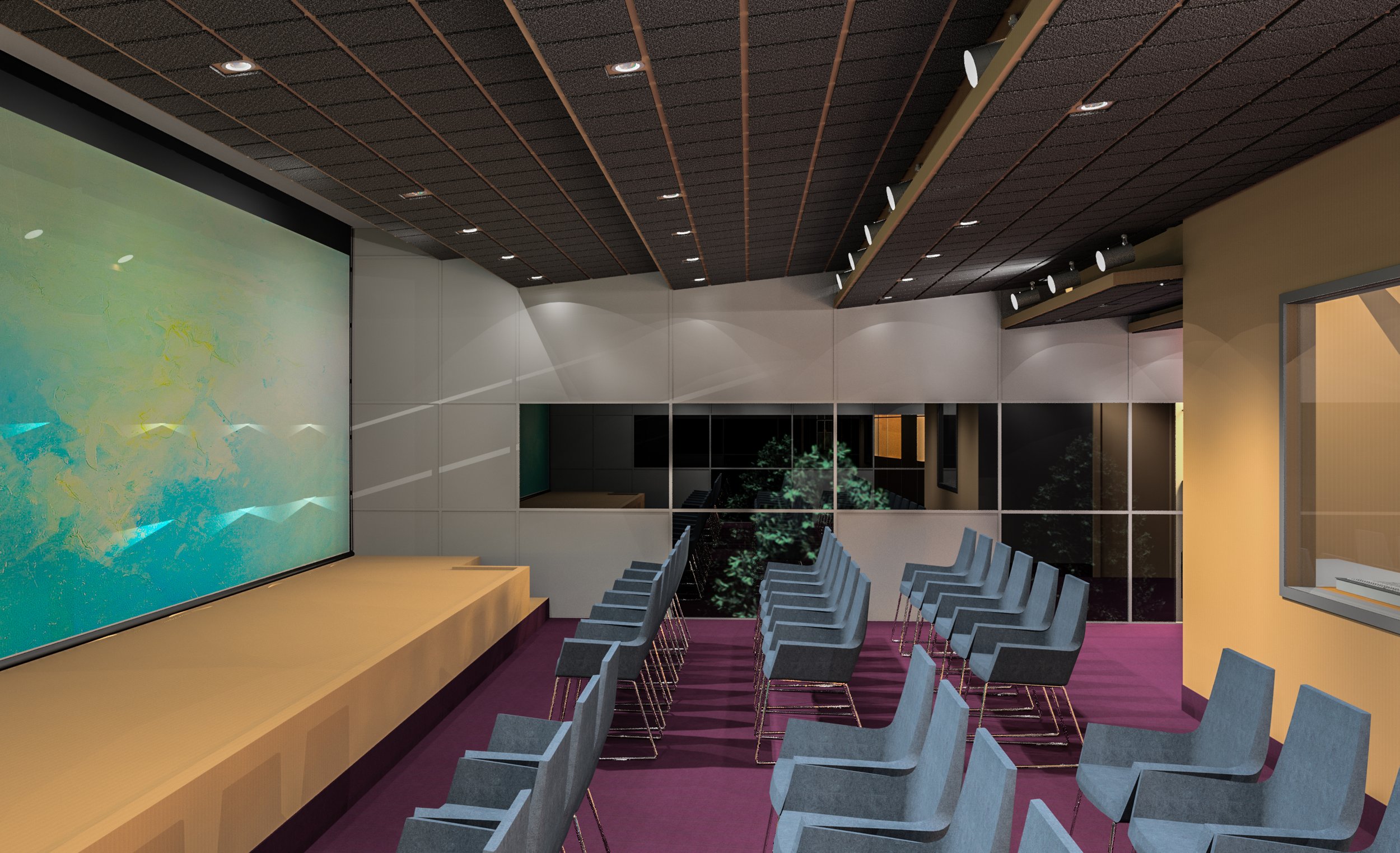 An empty conference room with gray chairs arranged in rows facing a large screen or projector on the wall, with a yellow table at the front, a purple carpet, and large windows showing a nighttime cityscape.