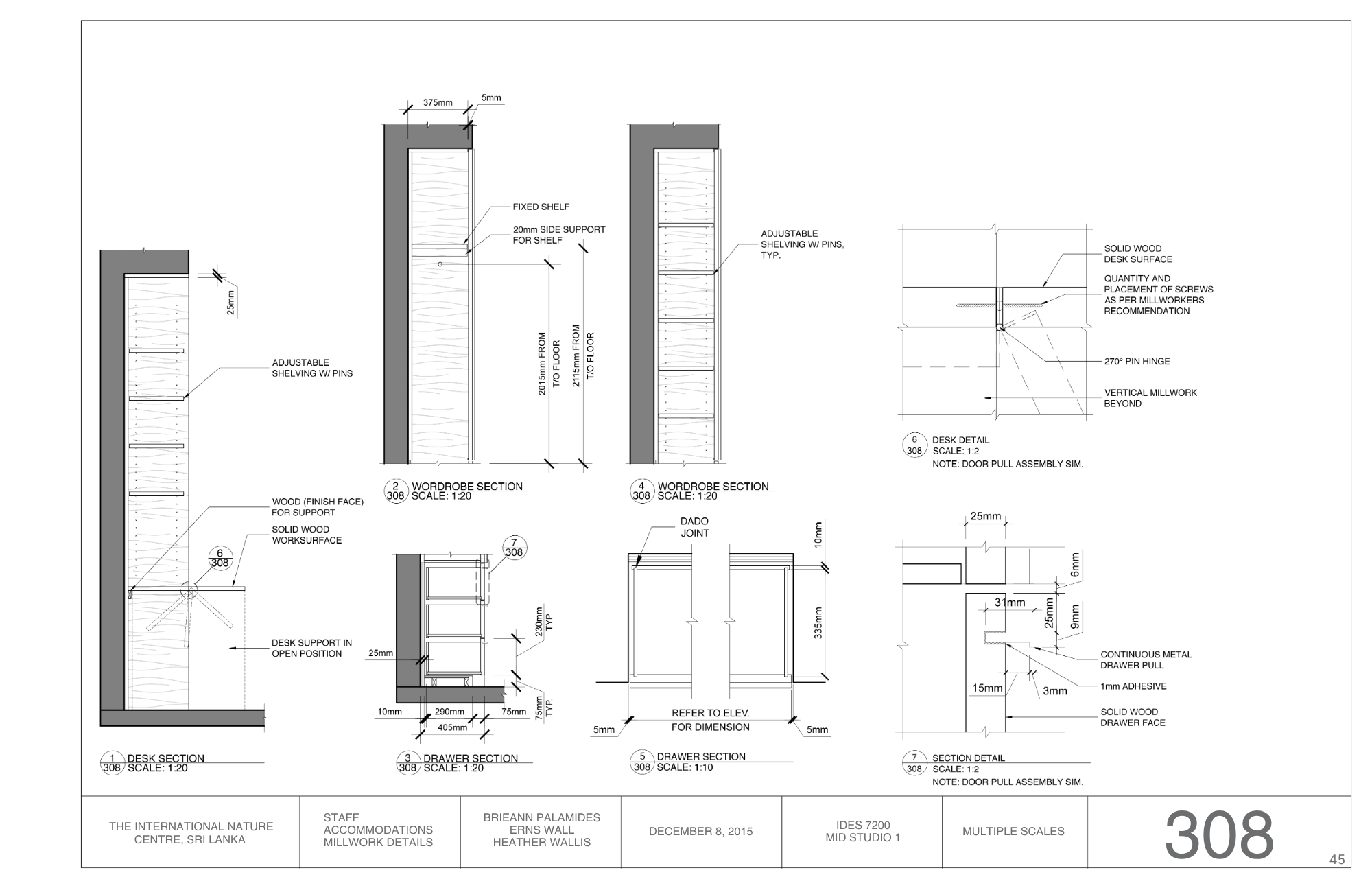 Detailed architectural blueprint of a furniture or shelving unit, showing sections and measurements in millimeters, with labels indicating adjustable shelving, fixed shelves, wood finishes, and construction details.