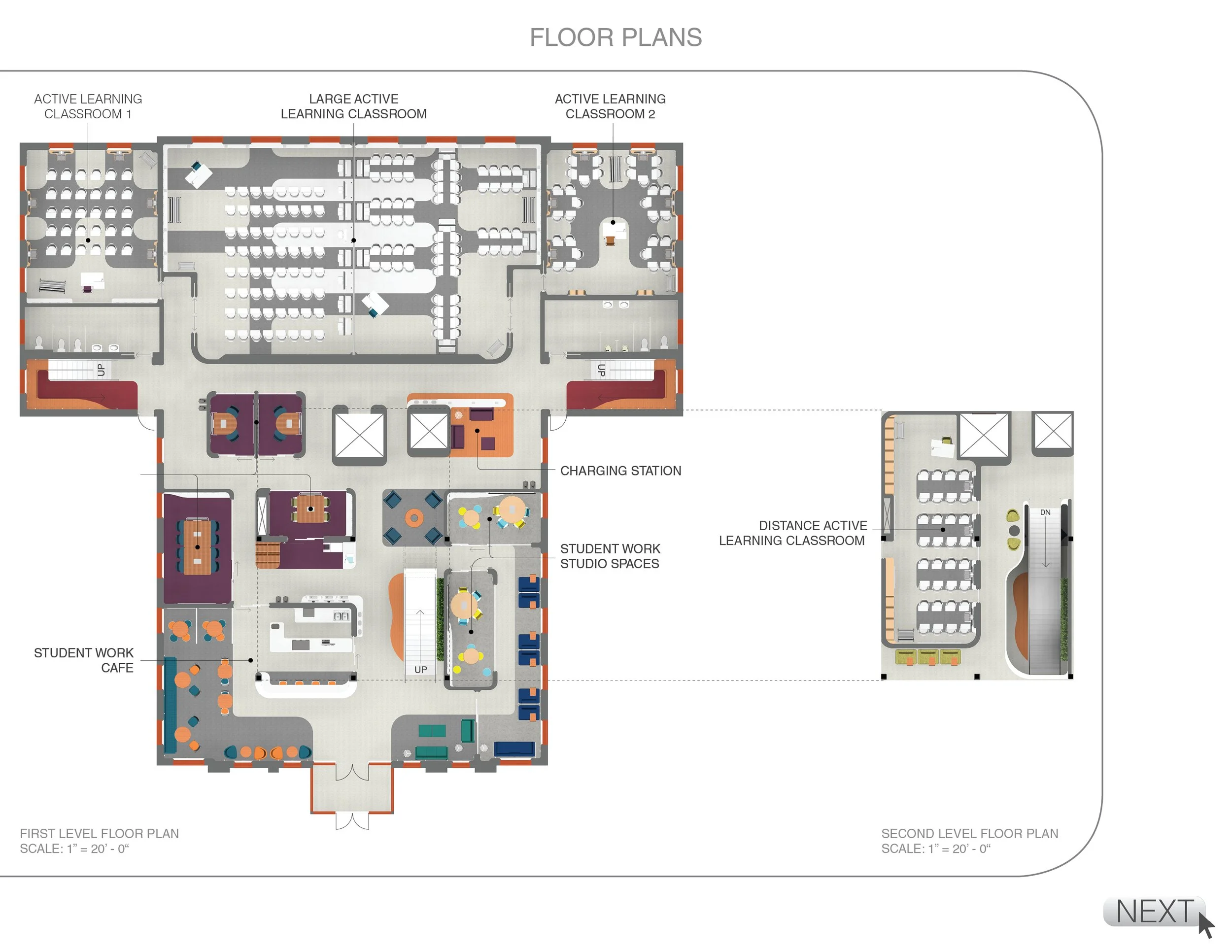 Floor plan layout of a building with labeled areas including active learning classrooms, student work spaces, a cafe, charging station, and staircases.