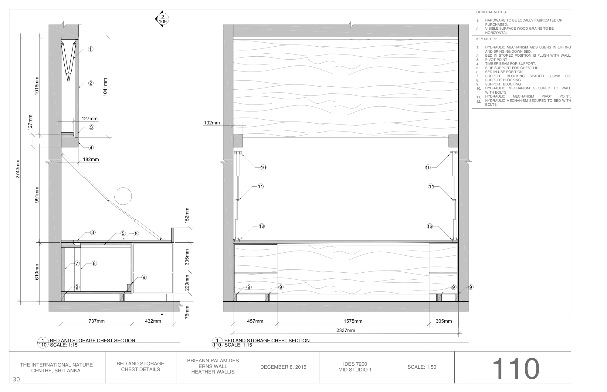 Architectural technical drawing of a bed and storage chest section with measurements and notes, showing side and front views.
