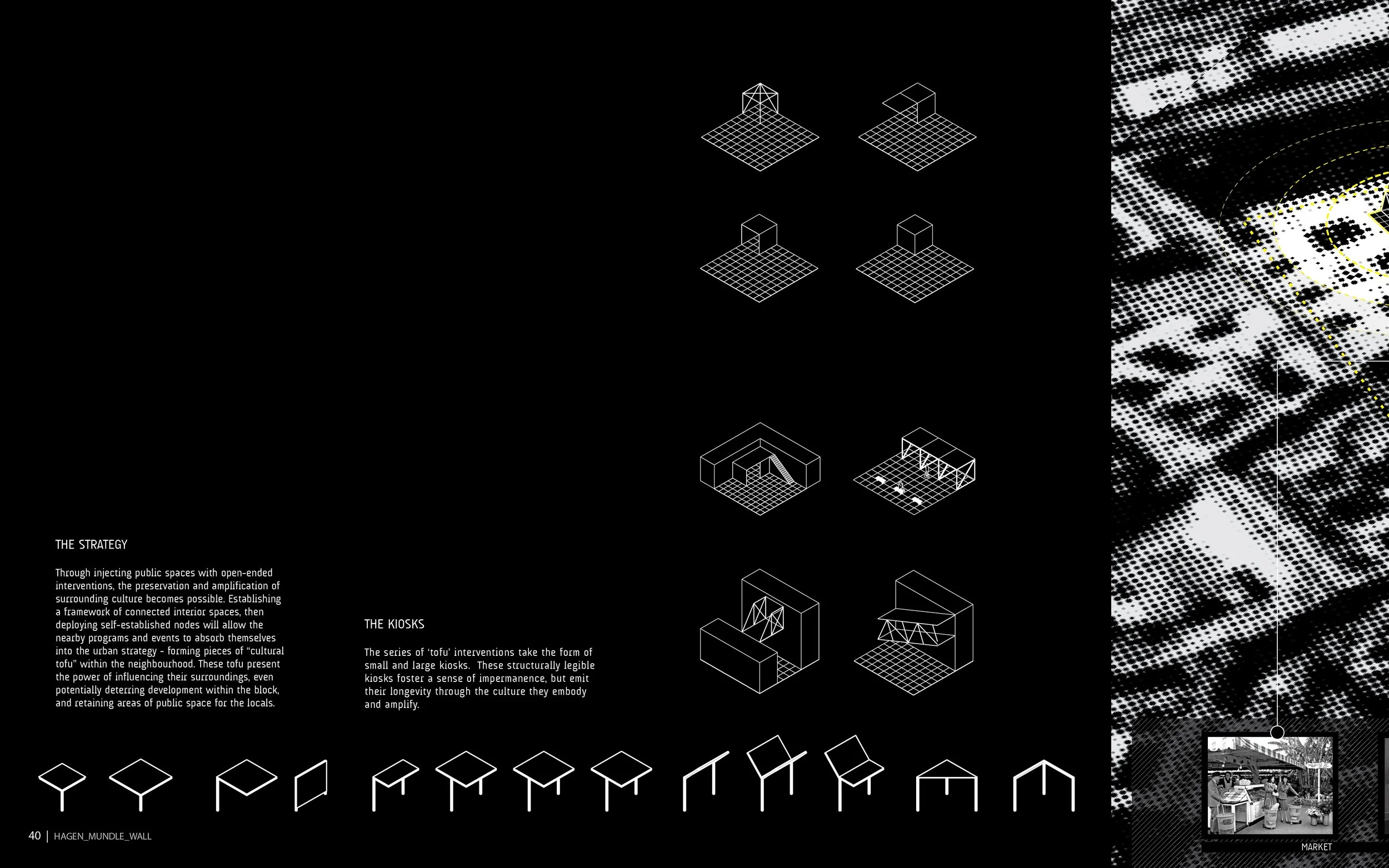 A digital diagram illustrating various interconnected spatial concepts including kiosks and public spaces, with descriptive text outlining strategies for urban cultural development through open-ended interventions and community engagement.