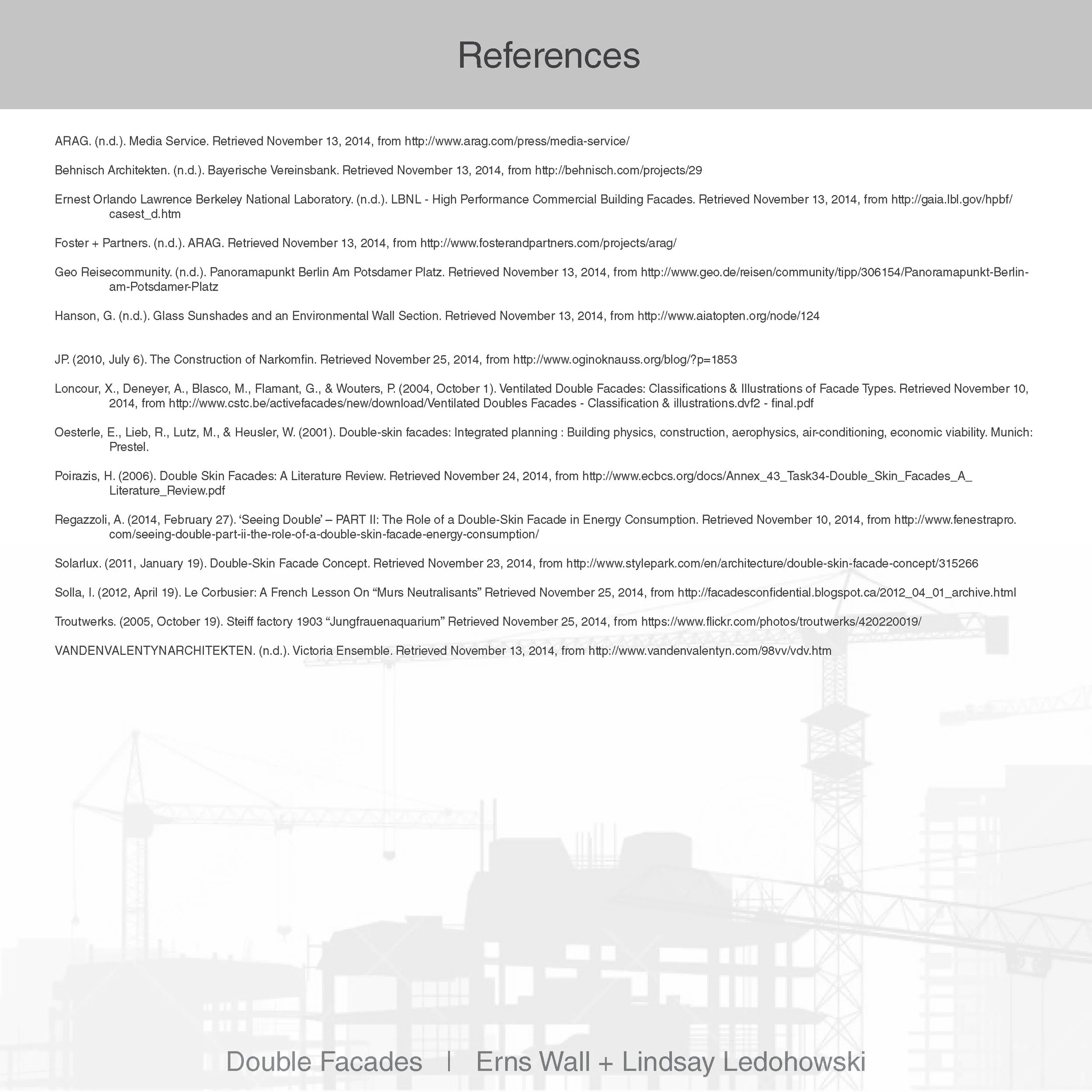 A page with a list of references from a scholarly document, including sources on architecture, building facades, and energy consumption, with some URLs and publication dates.