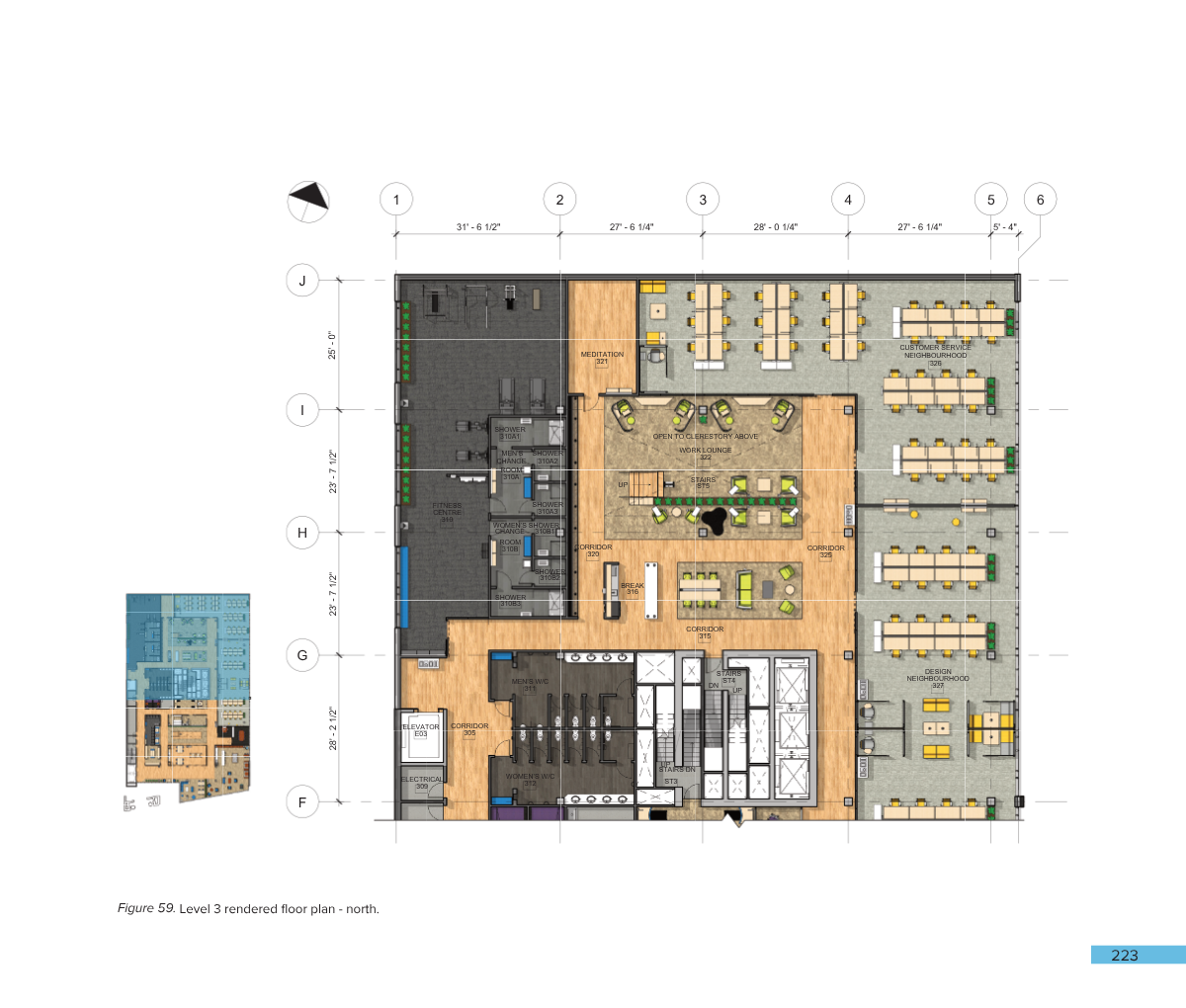 Detailed floor plan of a building's level 3 with various rooms, corridors, a lounge with seating, and an open workspace area.