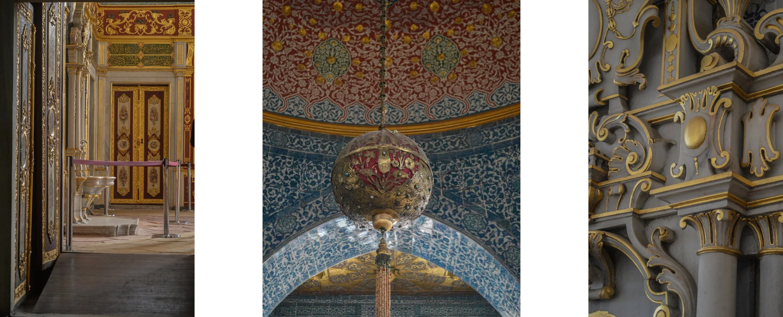 Interior view of an ornate palace or temple with gold and decorative wall carvings, a central hanging decorative lantern, and detailed patterned ceiling