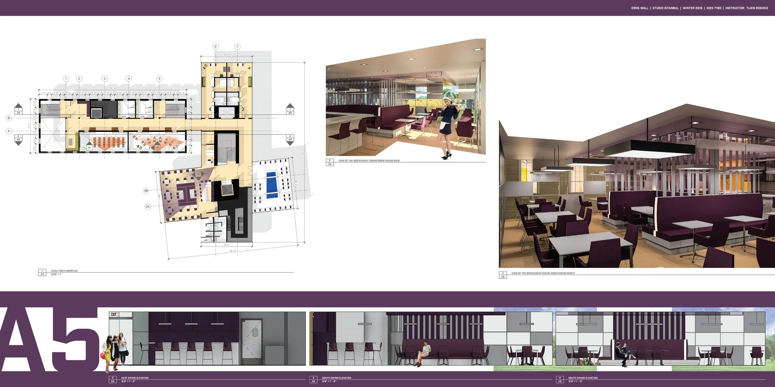 Architectural drawings and interior renderings of a restaurant including floor plans and seating areas.