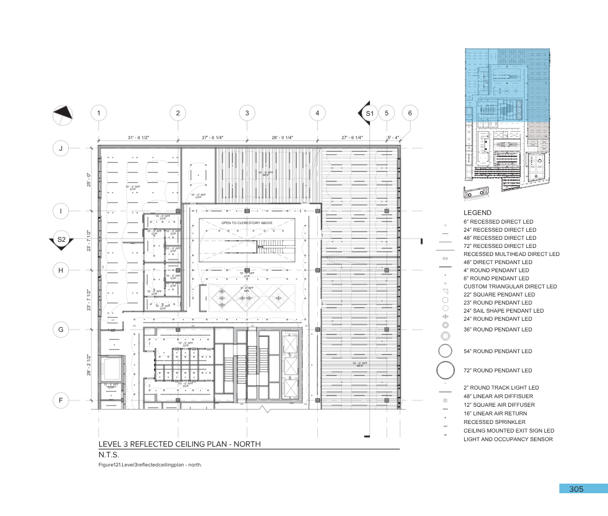 Architectural ceiling plan for level 3 with symbol legend for various LED and lighting fixtures, and a small color-coded floor plan inset.