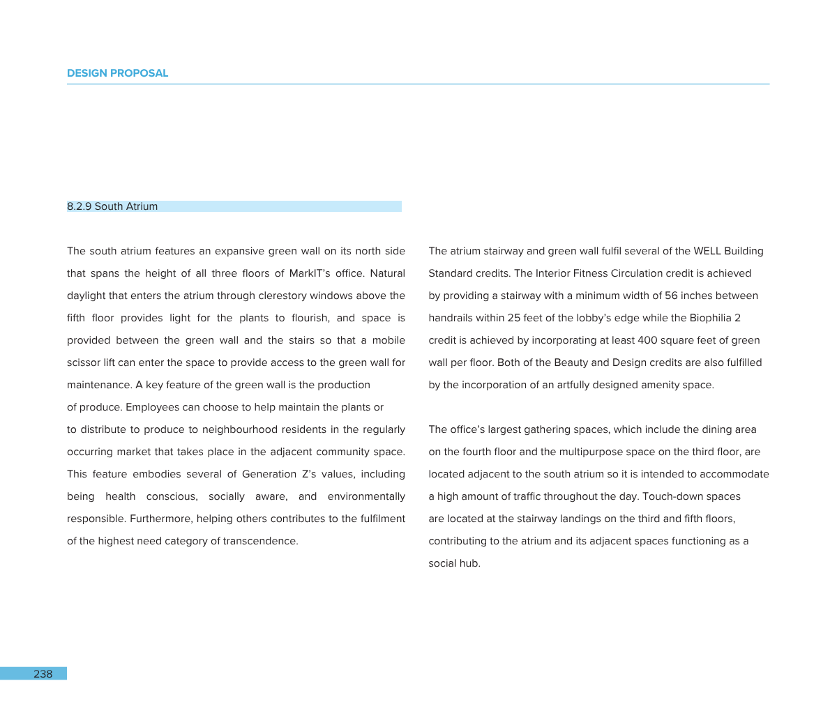 A two-page document titled 'Design Proposal' with section '8.2.9 South Atrium' describing features and benefits of a green wall and atrium stairway in a building, with blue highlights on section headings and page number 238.