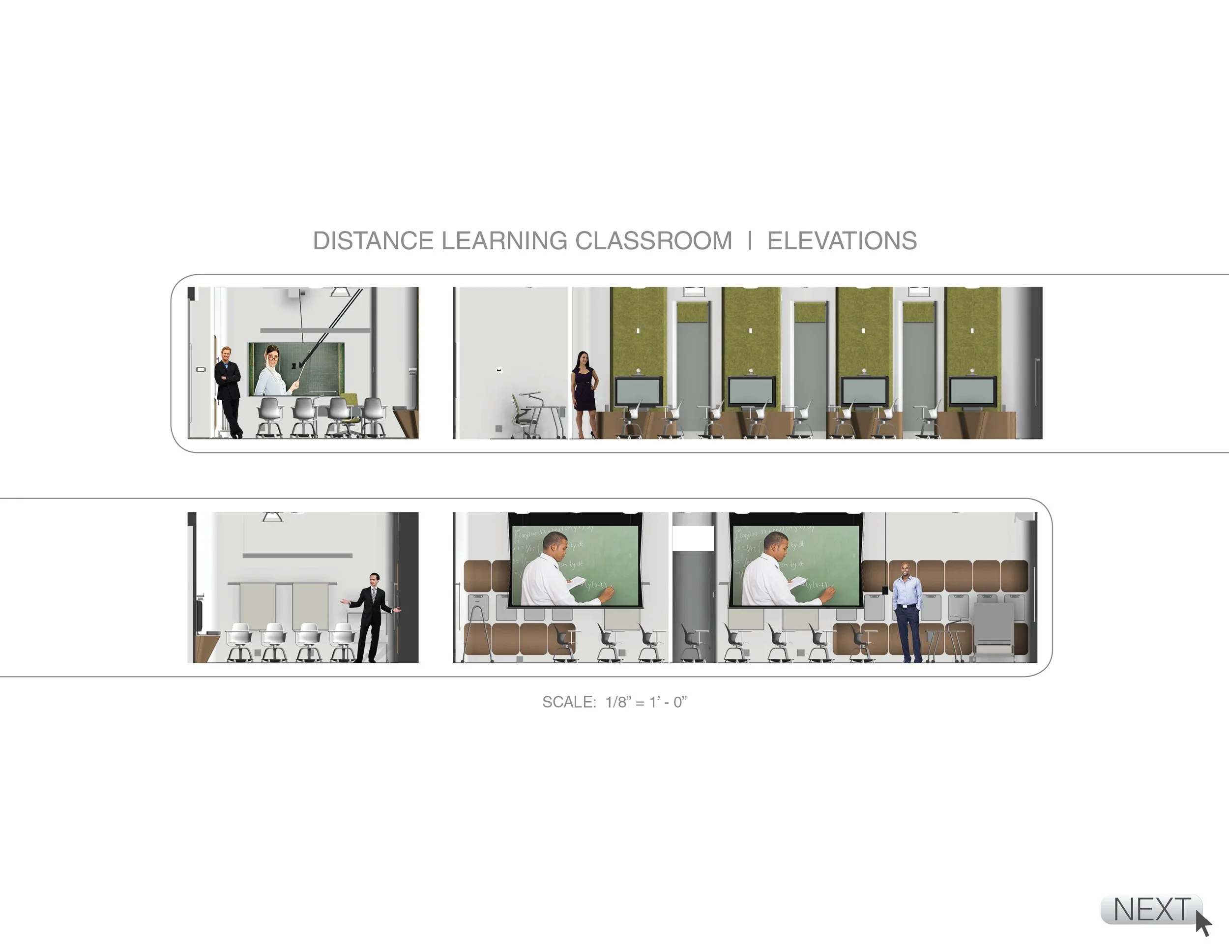 A digital architectural rendering of a modern distance learning classroom with multiple floors, including rooms with desks, chairs, and technology like monitors and blackboards, and people in different rooms engaged in teaching or learning activities