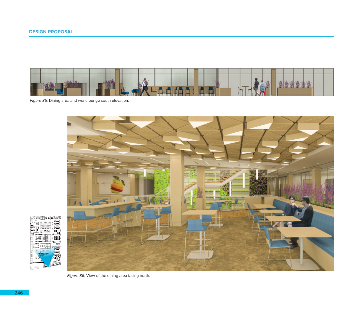 Design proposal images of a dining area and work lounge. The first image shows a south elevation view of the dining and lounge area with seating, tables, and large windows. The second image depicts a north-facing view of the dining area with tables, 
