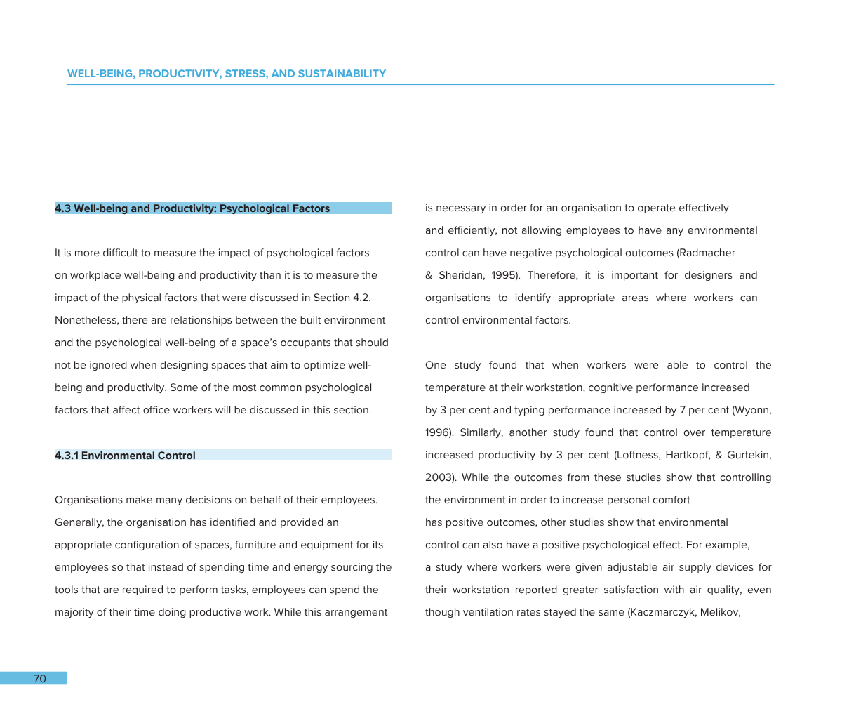 Screenshot of a section from a report titled 'Well-being, Productivity, Stress, and Sustainability'. The section discusses psychological factors affecting workplace well-being and productivity, including environmental control and employee comfort.
