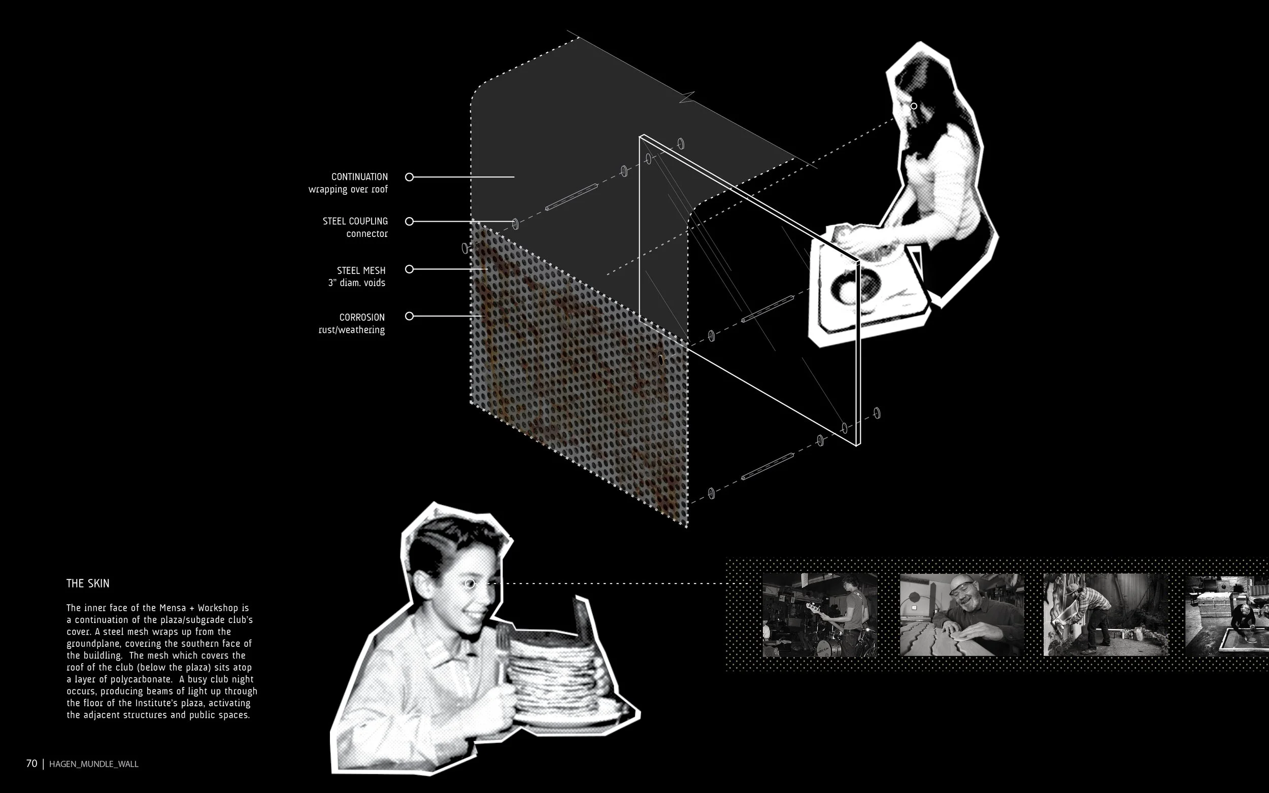Diagram showing a steel mesh with holes, corrosion, and a steel coupling connector, with labels for continuation and wrapping over the roof, and a person working on a laptop at a desk.