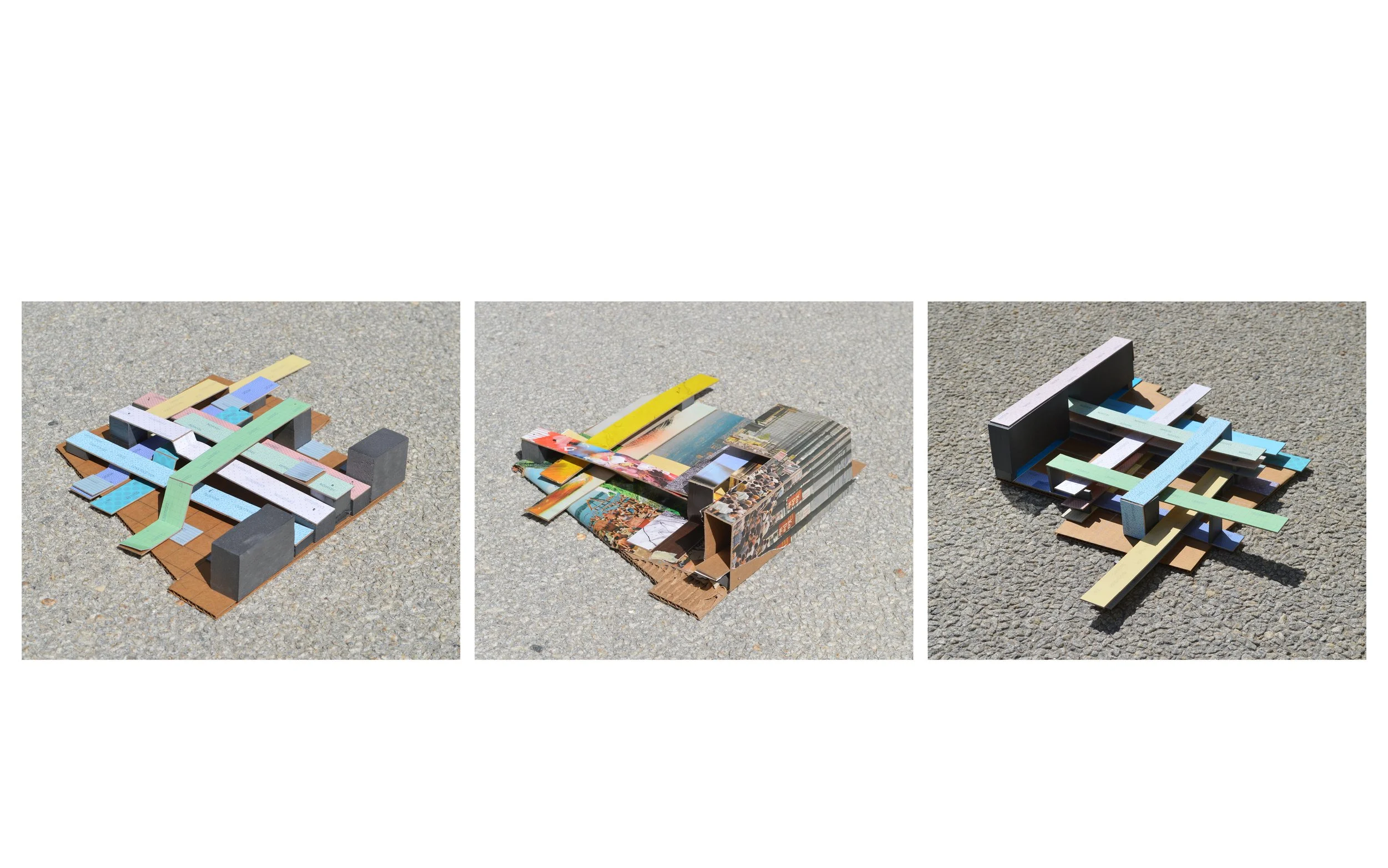 Three separate arrangements of mosaic tile art projects placed on a concrete surface, each with various colorful tiles and structures.