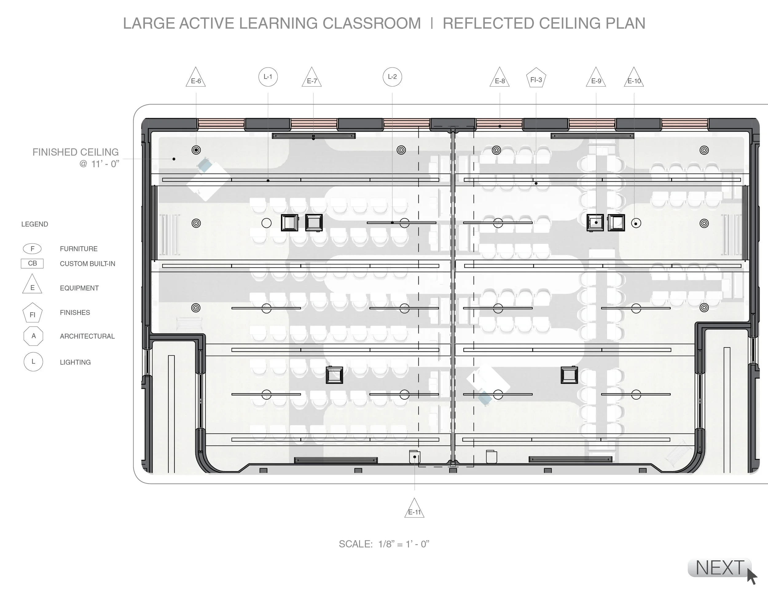 Floor plan of a large active learning classroom with a reflected ceiling plan, showing furniture, equipment, finishes, and lighting details, along with labels and legend.