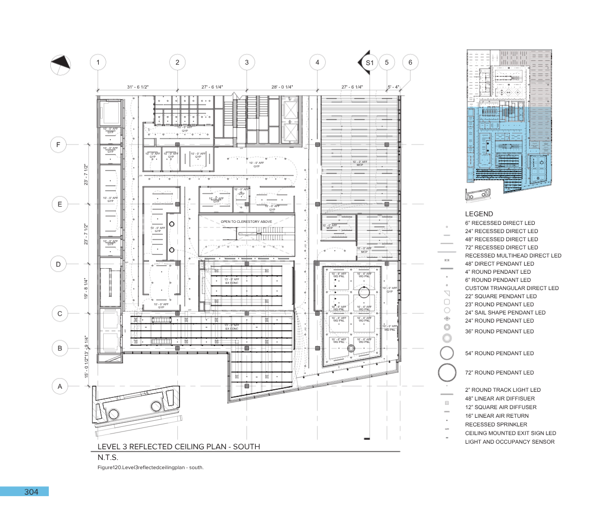 Architectural ceiling plan drawing for level 3 of a building, showing LED lighting and sensor placements, with a legend detailing various LED types and symbols.