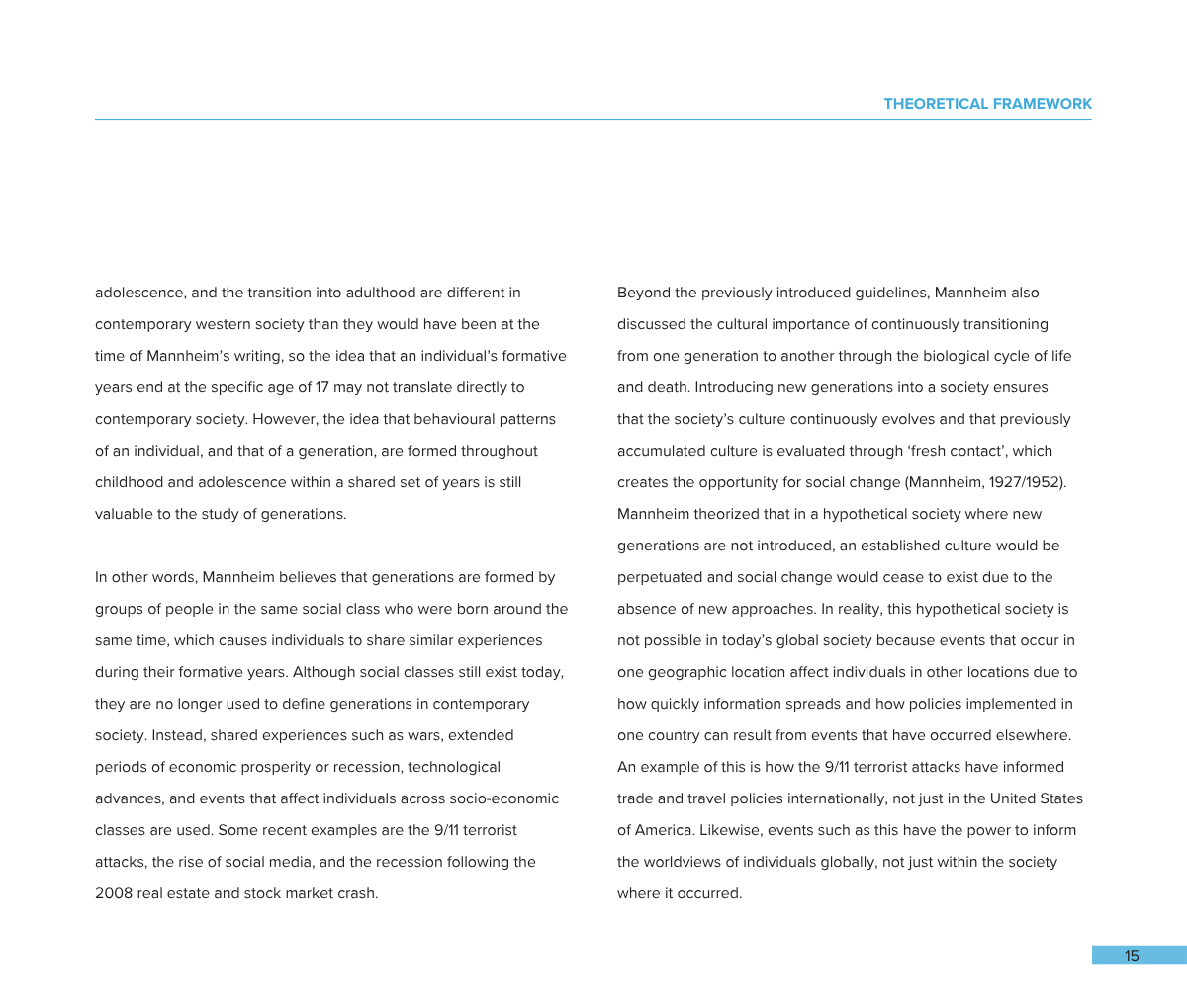 A page from a book or article, titled 'Theoretical Framework,' with multiple paragraphs of text discussing social and cultural topics, including generational ideas, social change, and historical events.