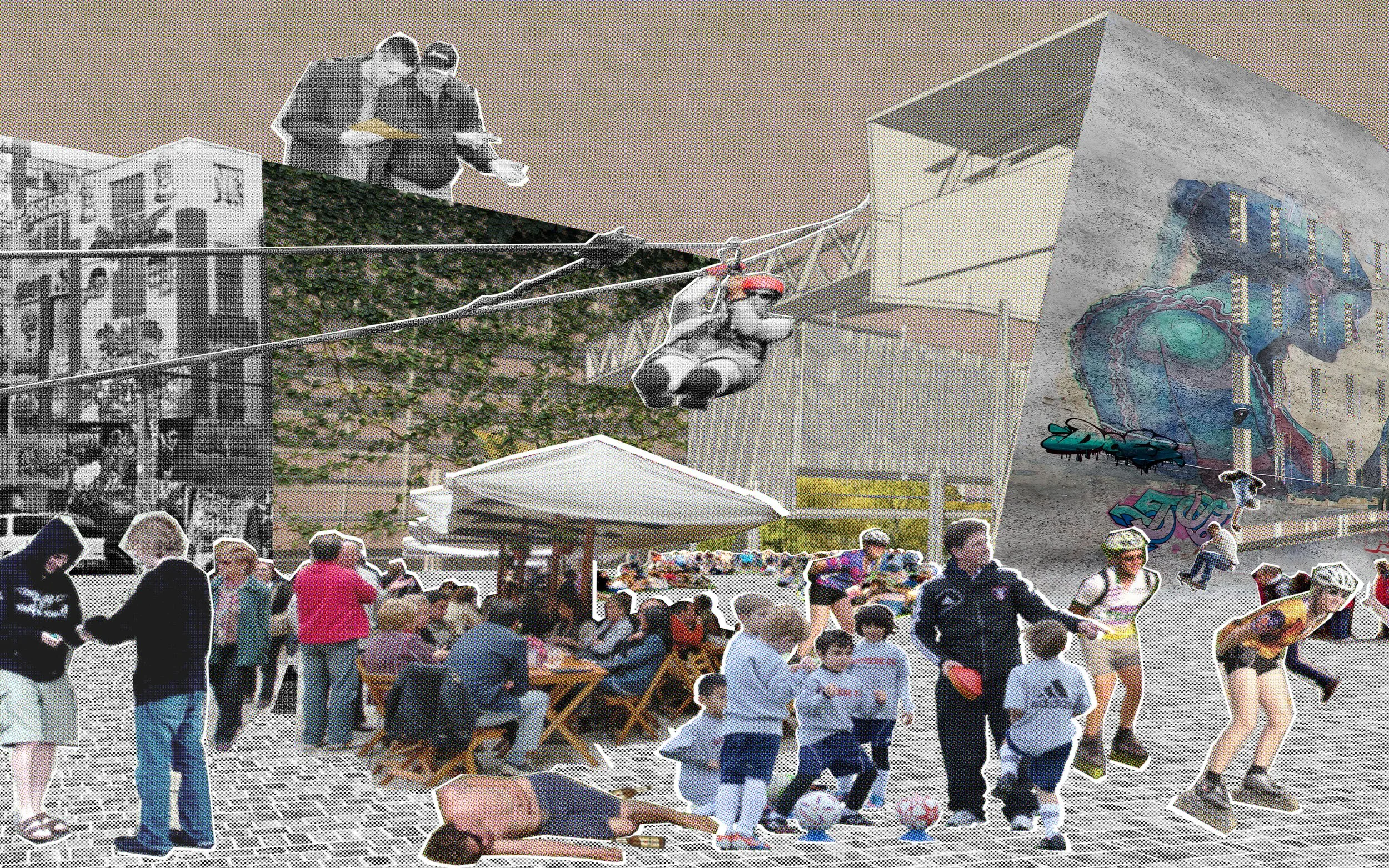 People gathered at an outdoor event with food, art, and a skate ramp, including children and adults walking and sitting, with a skateboarding ramp and graffiti art in the background.