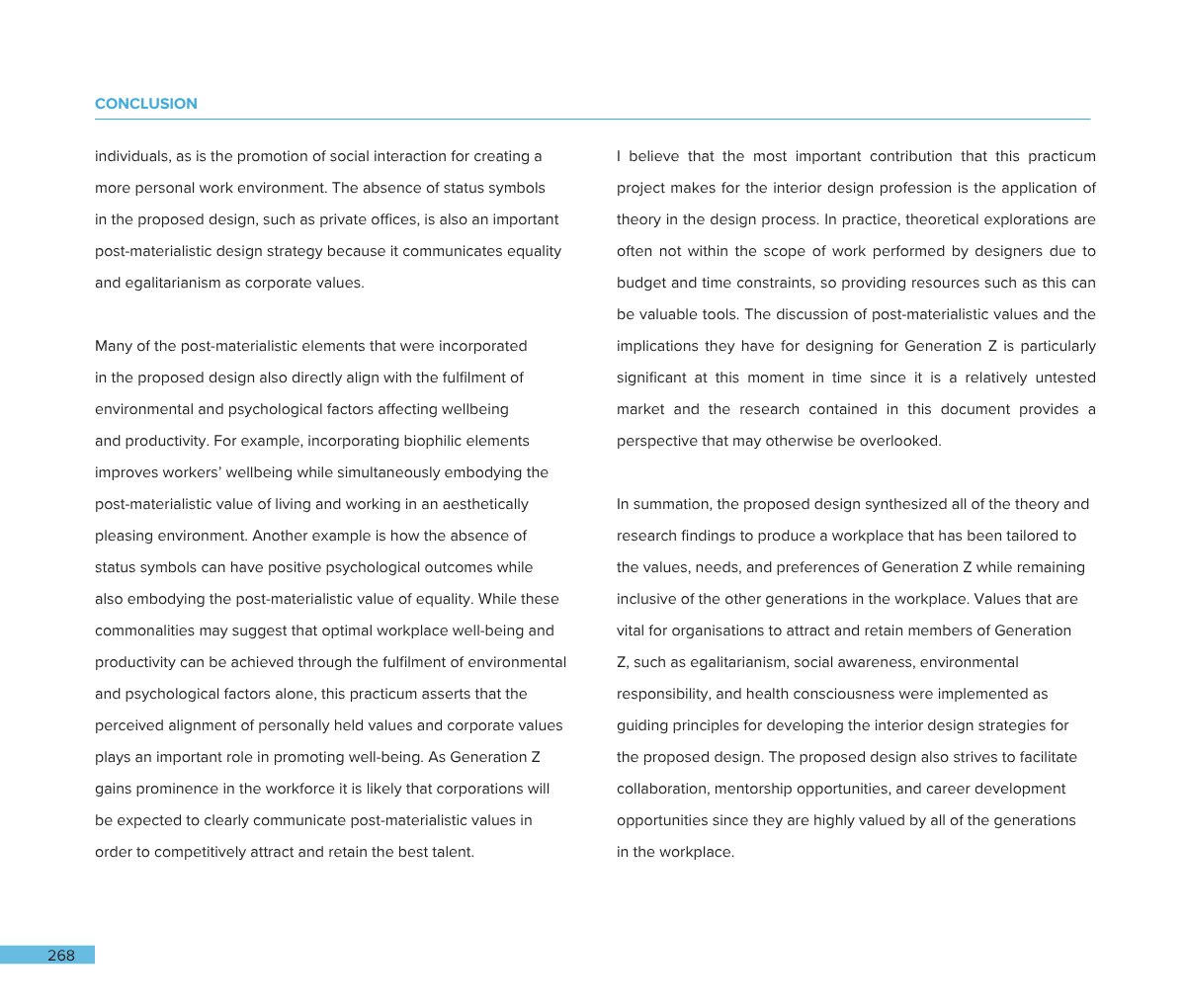 A two-page document with a heading titled 'CONCLUSION' in blue at the top of the left page. The text is in black, and the page number 268 is at the bottom left corner of the left page.