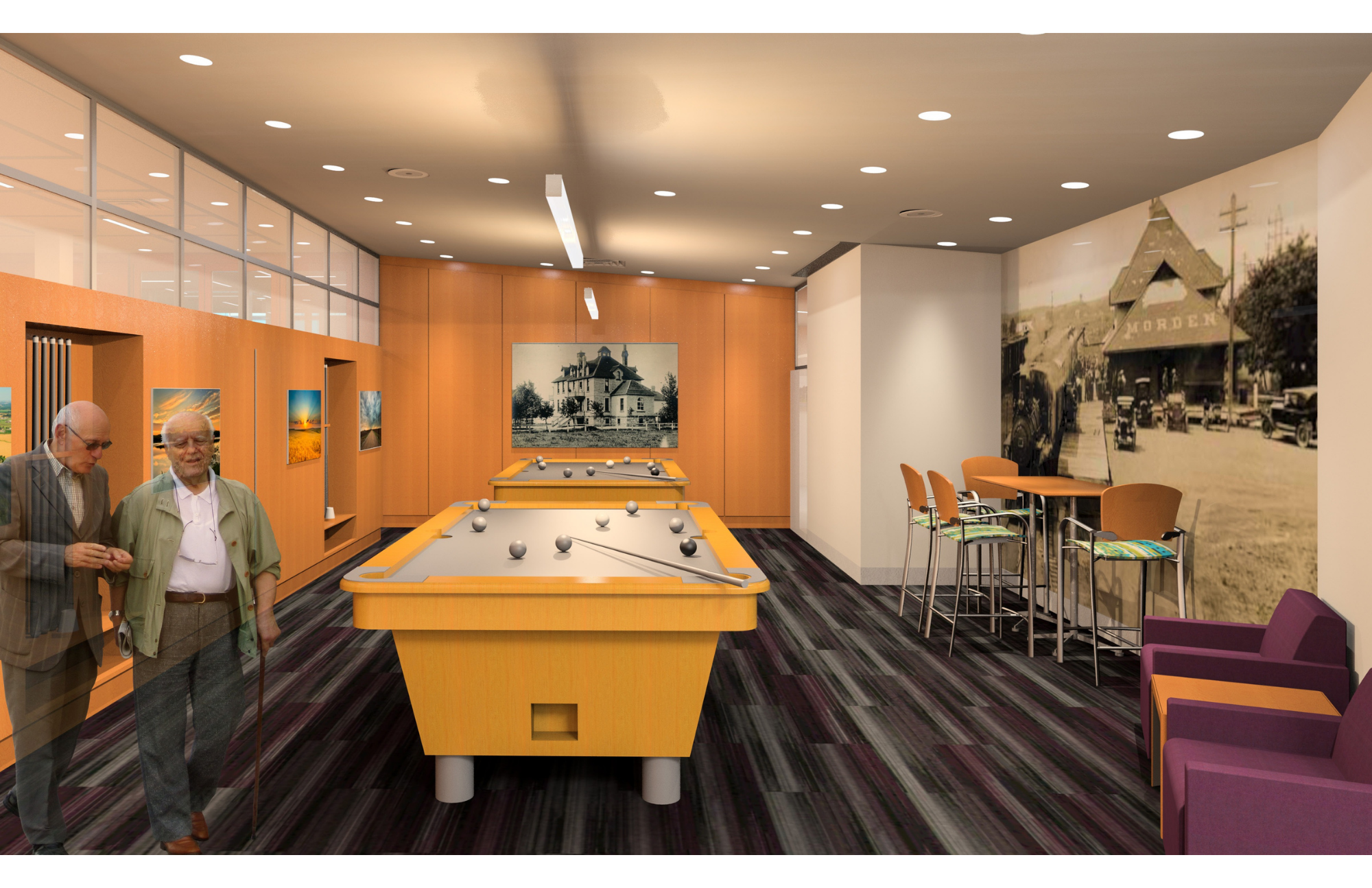A room with a wooden billiard table, two elderly men standing beside it and engaging in conversation, and a wall decorated with historical photographs and vintage cars.