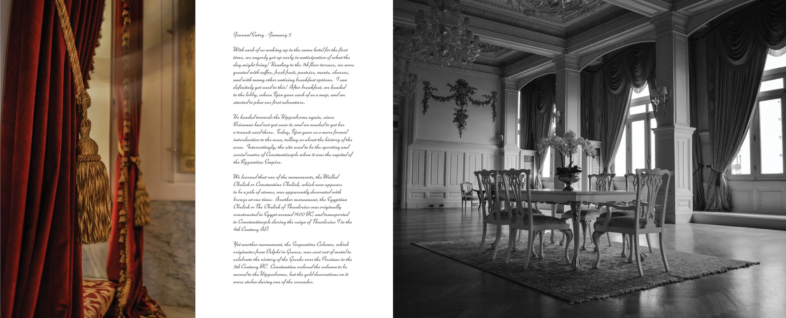 Split image of an open, ornate book with a red velvet curtain on the left page and a black and white photograph of an elegant formal dining room with high ceilings, large windows, and classical decor on the right page.
