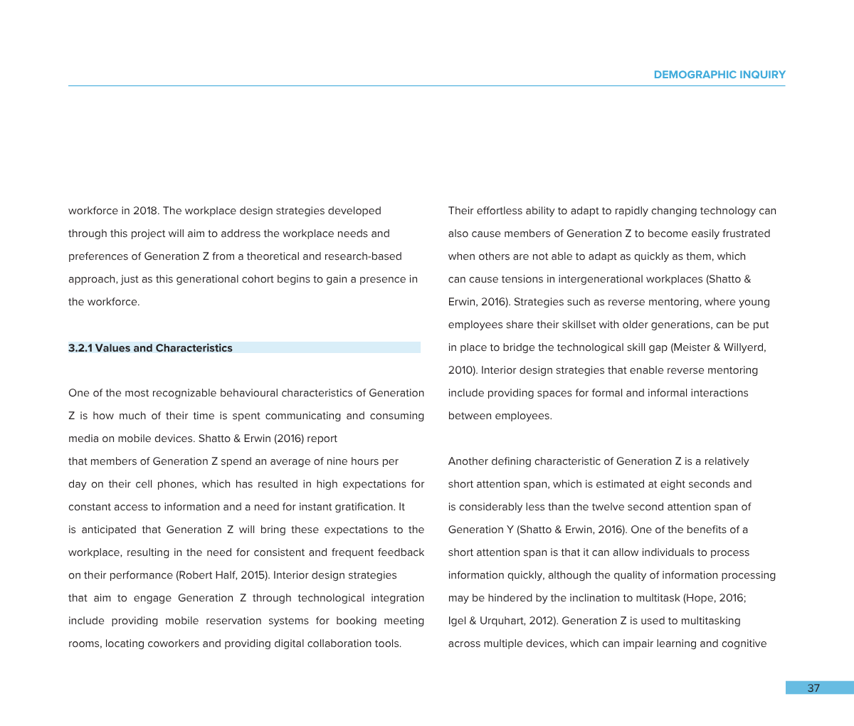 Page from a report or document titled 'DEMOGRAPHIC INQUIRY' with text discussing Generation Z's characteristics, workplace adaptation, and technology use. The page number is 37, and text is formatted in two columns with a blue highlight under the sec
