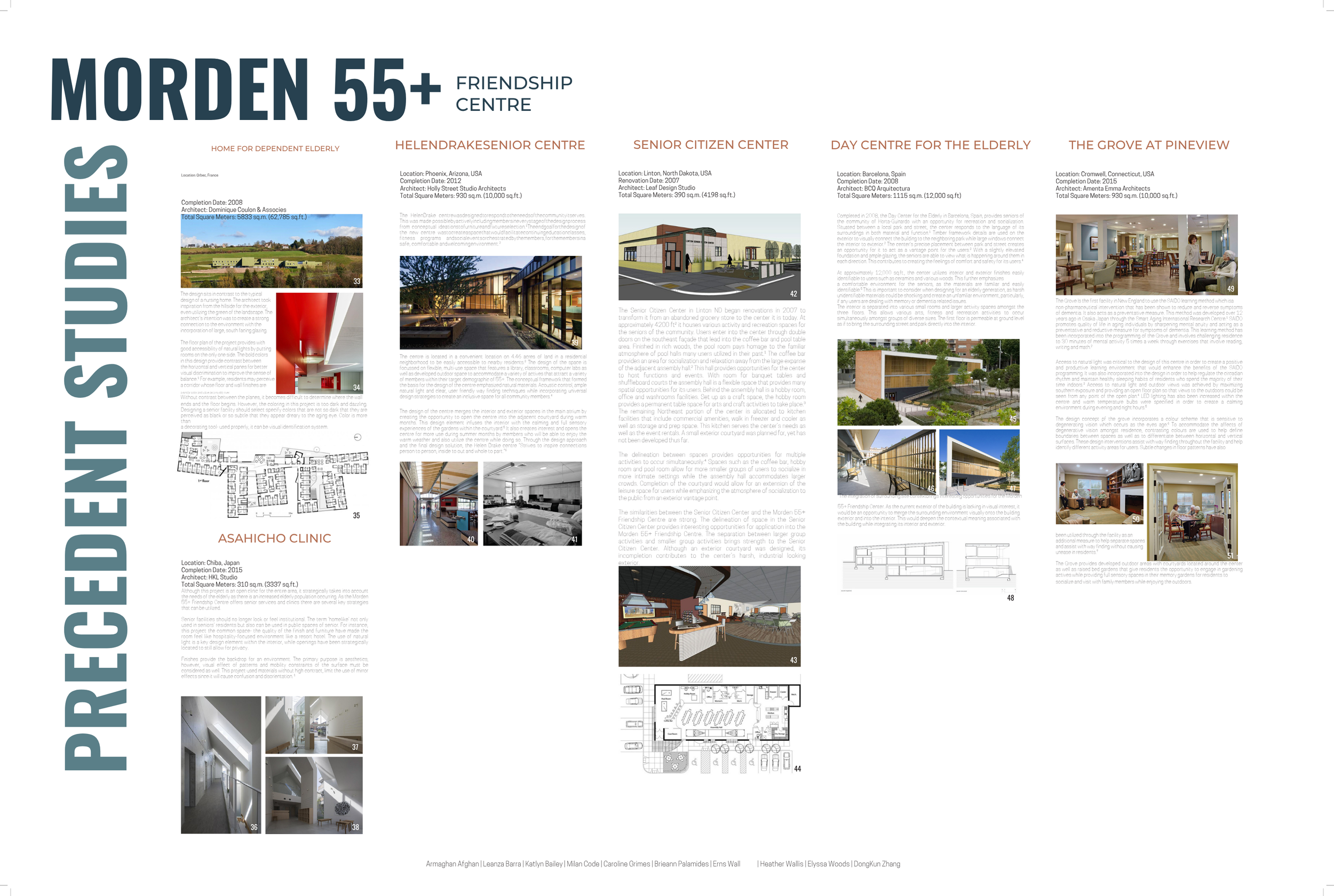 Page containing design projects for elderly care centers, including floor plans, interior photos, and rendering images of various facilities and architectural details.