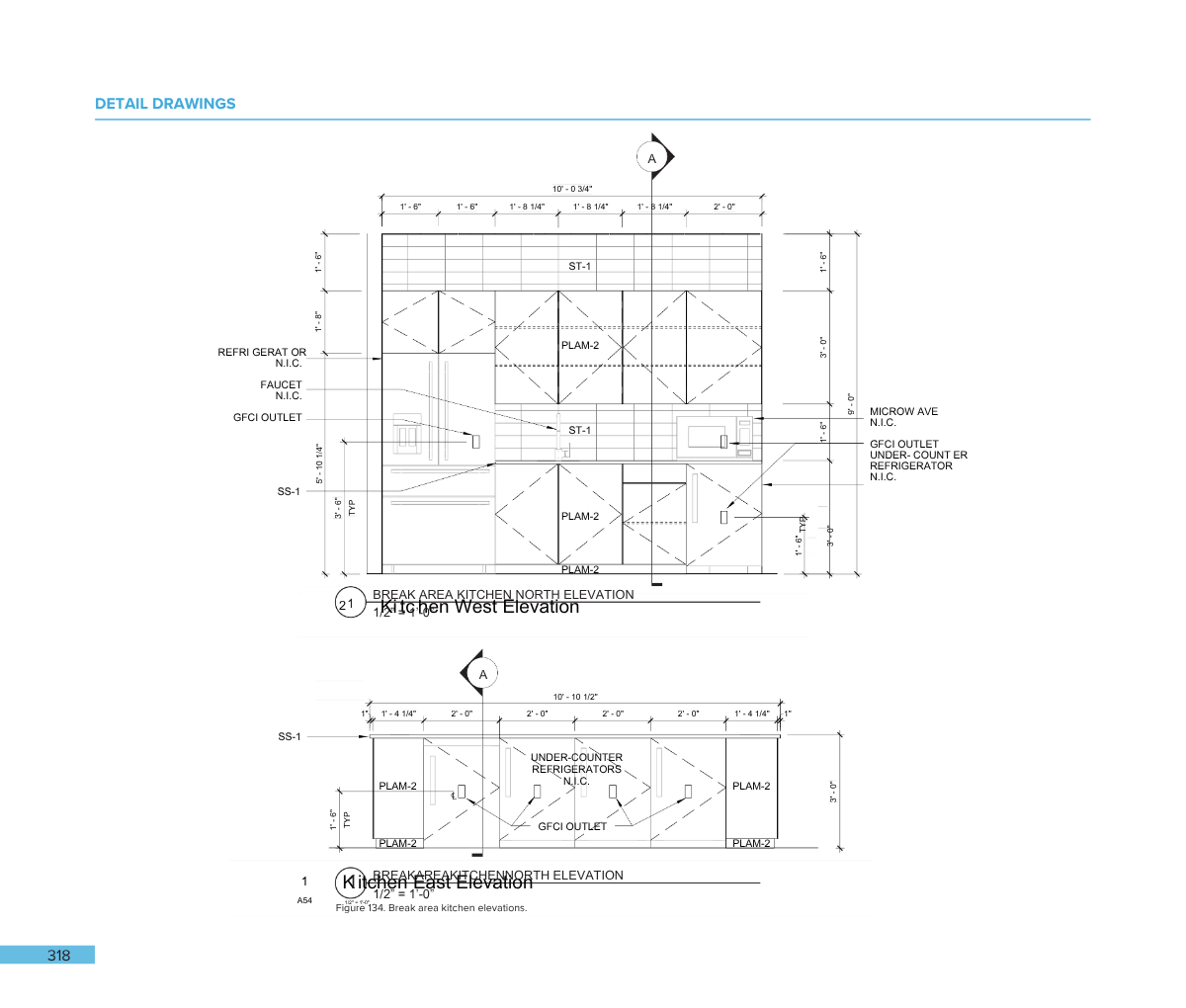 Technical architectural drawing of kitchen elevations showing measurements, appliances, and cabinetry layout.