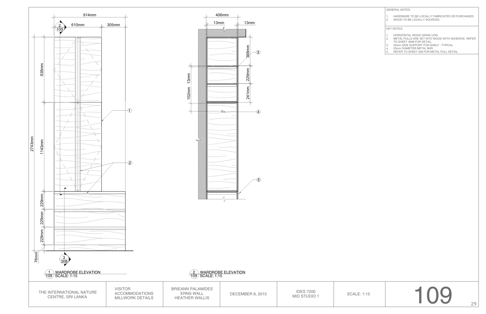 Architectural drawing of a wardrobe elevation with detailed dimensions, labels, and notes, depicting cross-sectional views and construction details for a furniture piece.