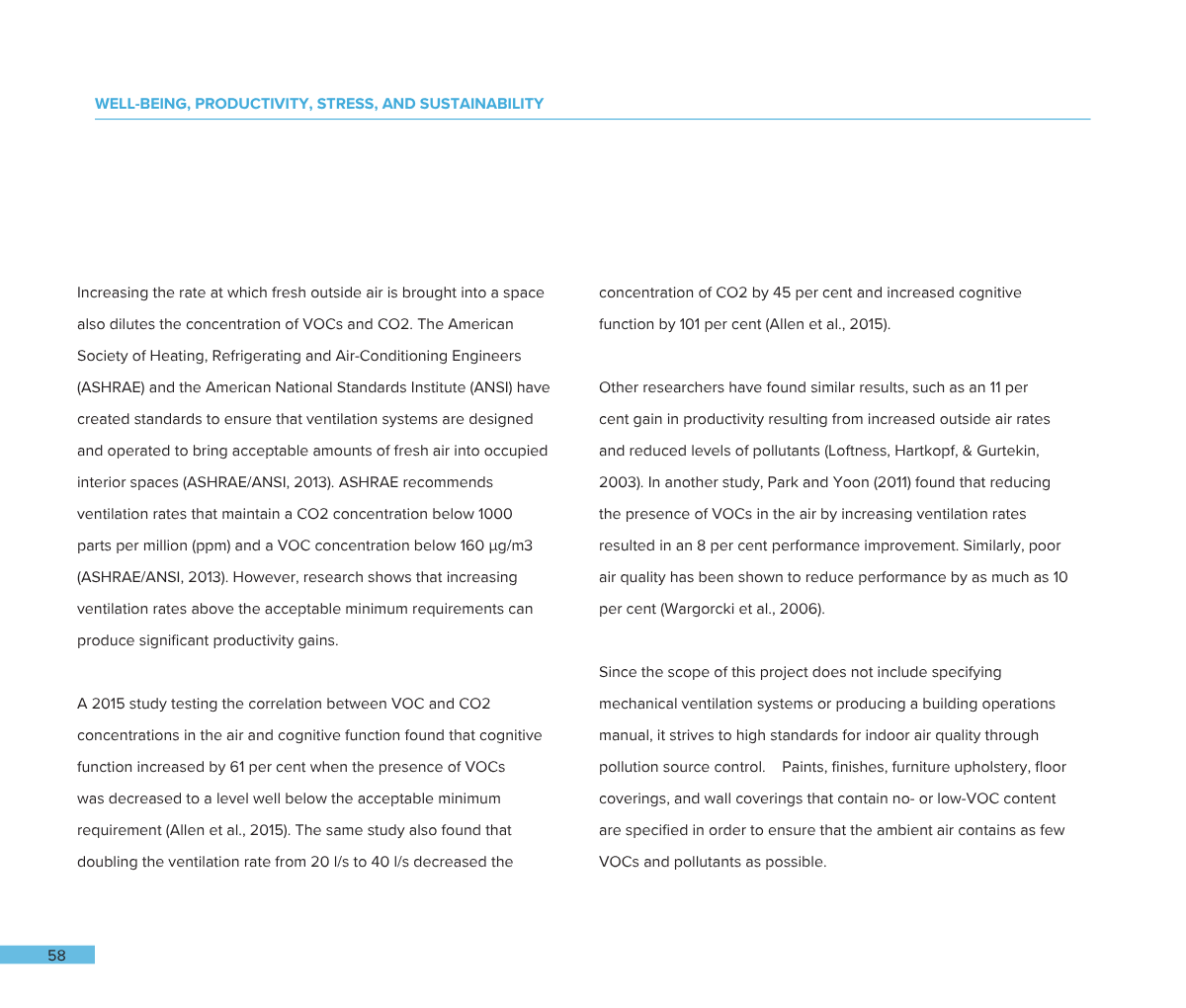 Page 58 from a report discussing well-being, productivity, stress, and sustainability, focusing on ventilation systems, air quality, and their effects on CO2 and VOC levels.