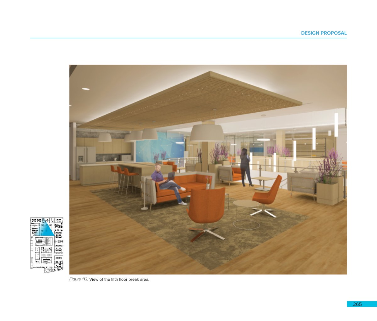 Interior view of a modern break area on the fifth floor with orange and beige seating, a kitchen counter, purple decorative plants, and two people, one sitting and one standing.