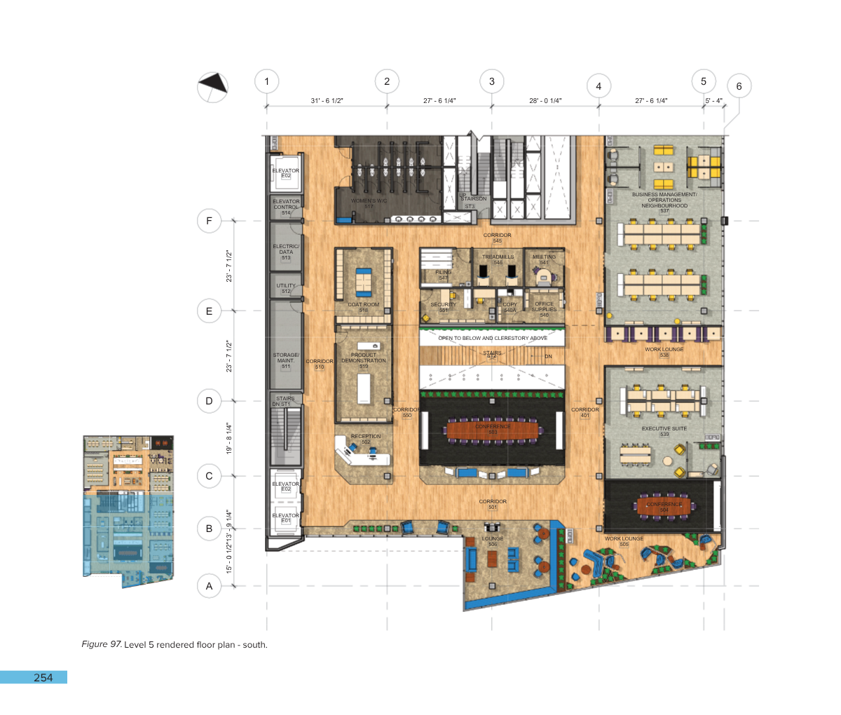Floor plan of level 5 south side of a building, showing various rooms such as conference rooms, work lounges, office suites, a reception area, storage room, utility and electrical data rooms, men's and women's WC, elevator controls, staircases, corri