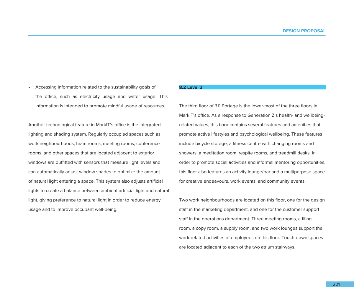 Page from a report or proposal document with text, blue highlights, and page number 221 at the bottom right corner.