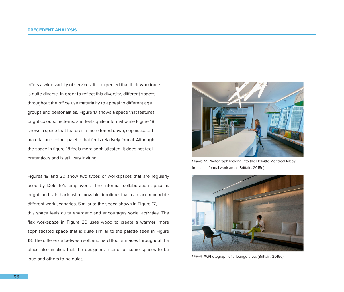 Photograph looking into the Deloitte Montreal lobby from an informal work area, featuring bright colors, modern design, and a casual seating area with a woman working on her laptop.